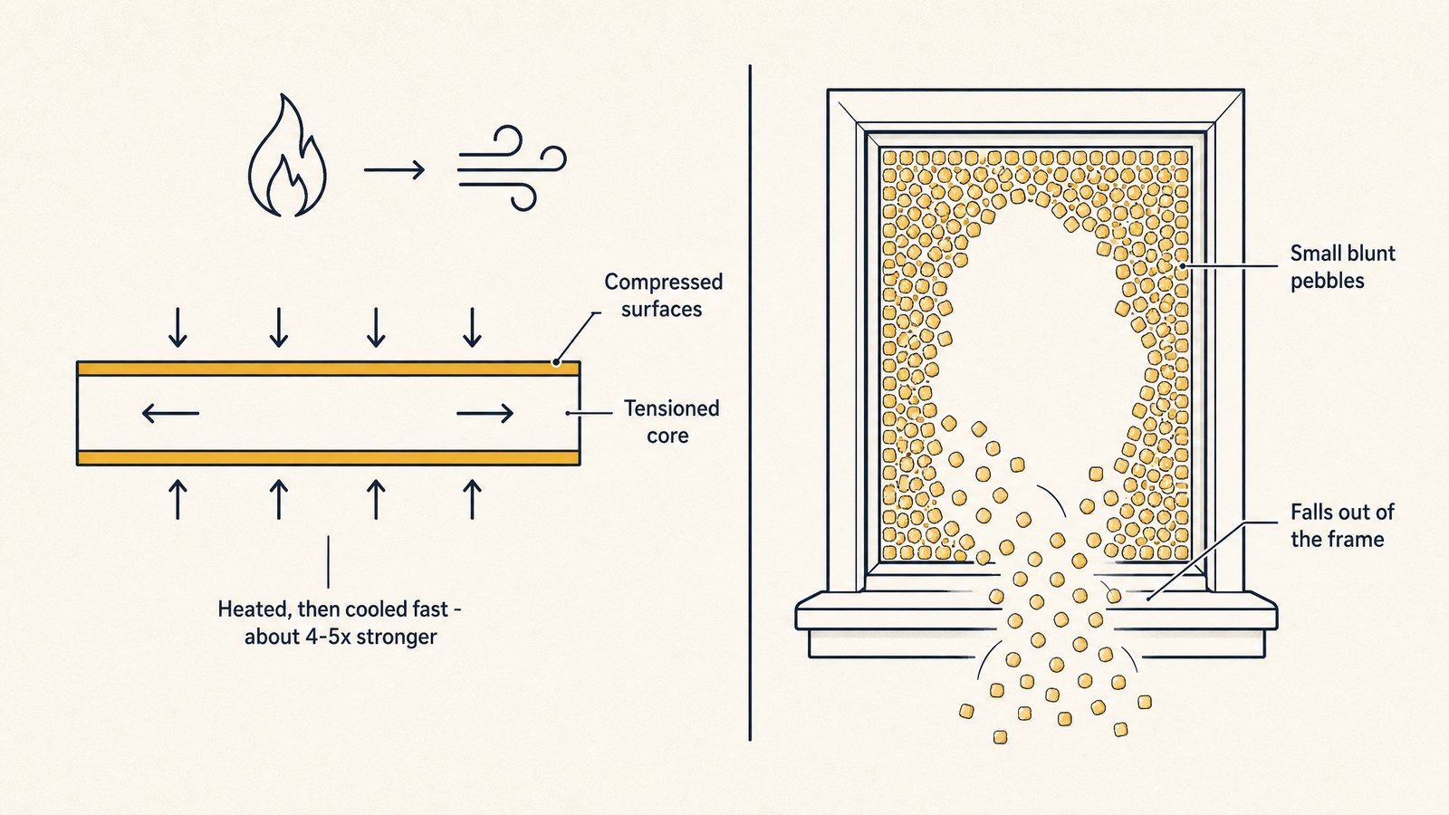 Two-part diagram. Left: a glass cross-section with its two outer surfaces marked 'compressed surfaces' and the middle marked 'tensioned core' — heated, then cooled fast, about 4–5x stronger. Right: a window pane breaking into small blunt pebbles that fall out of the frame, labeled 'small blunt pebbles' and 'falls out of the frame.'