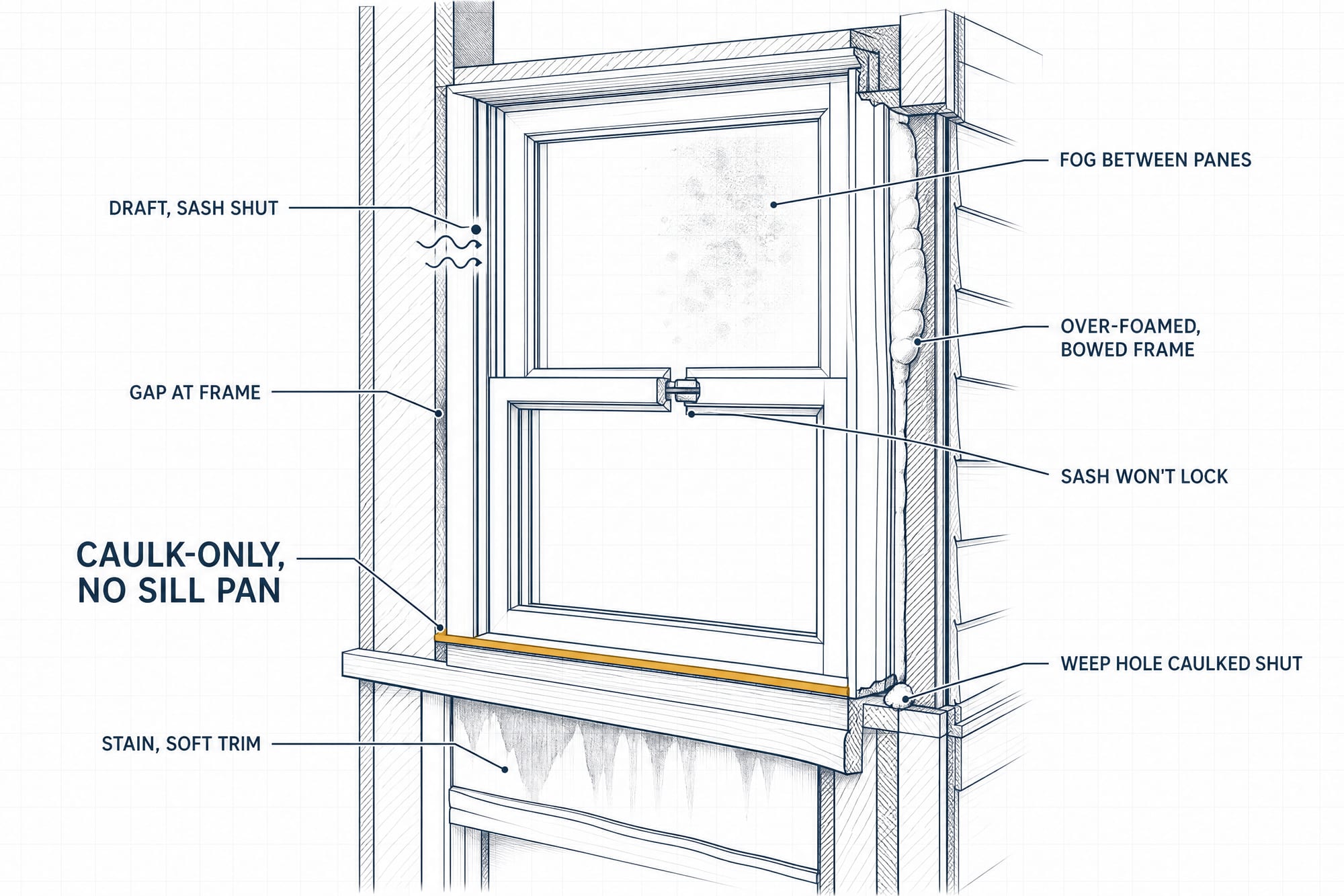 Cutaway diagram of a badly installed window with each warning sign labeled: a draft with the sash shut, a gap at the frame, a caulk-only base with no sill pan, an over-foamed bowed frame, a sash that won't lock, staining and soft trim below the sill, fog between the panes, and a weep hole caulked shut.