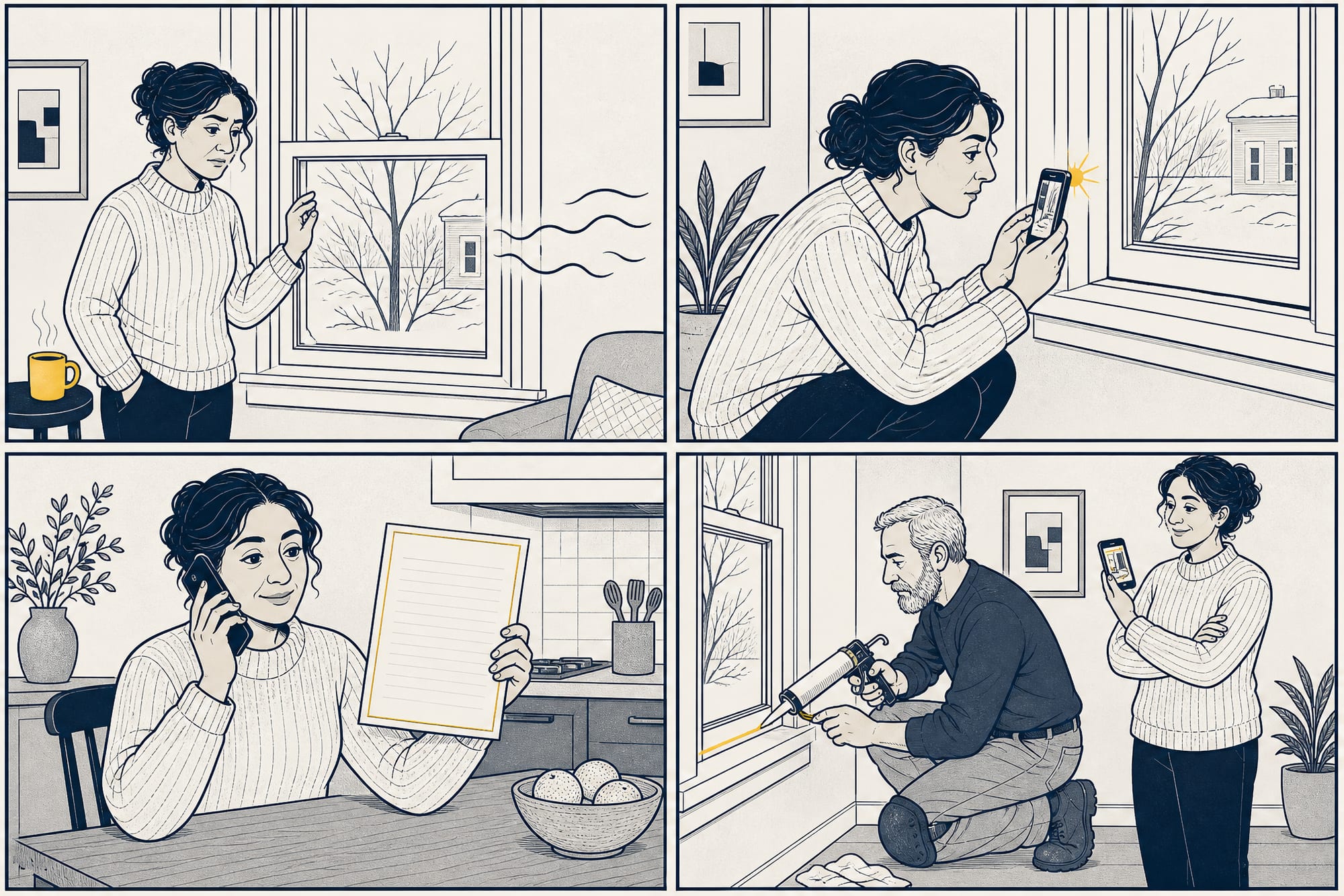 Four-panel cartoon: a homeowner feels a draft at a closed window and frowns; takes a phone photo of a visible gap at the frame; holds up the phone and a warranty page on a call; in the last panel an installer re-seals the frame while the homeowner nods, the phone still showing the photo.