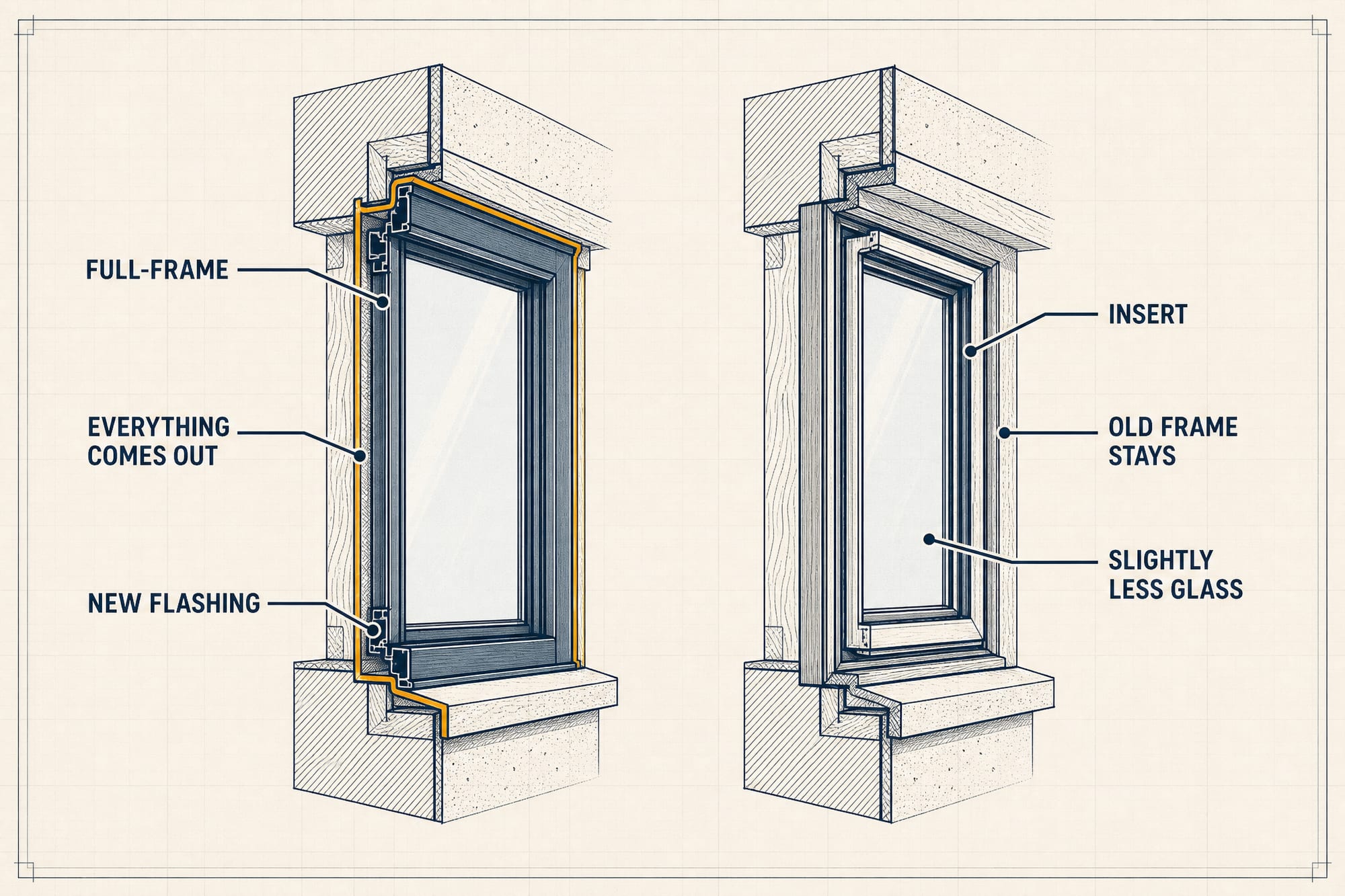 Two labeled wall cross-sections side by side: a full-frame replacement where everything comes out and new flashing goes in, and an insert replacement where the old frame stays with slightly less glass.