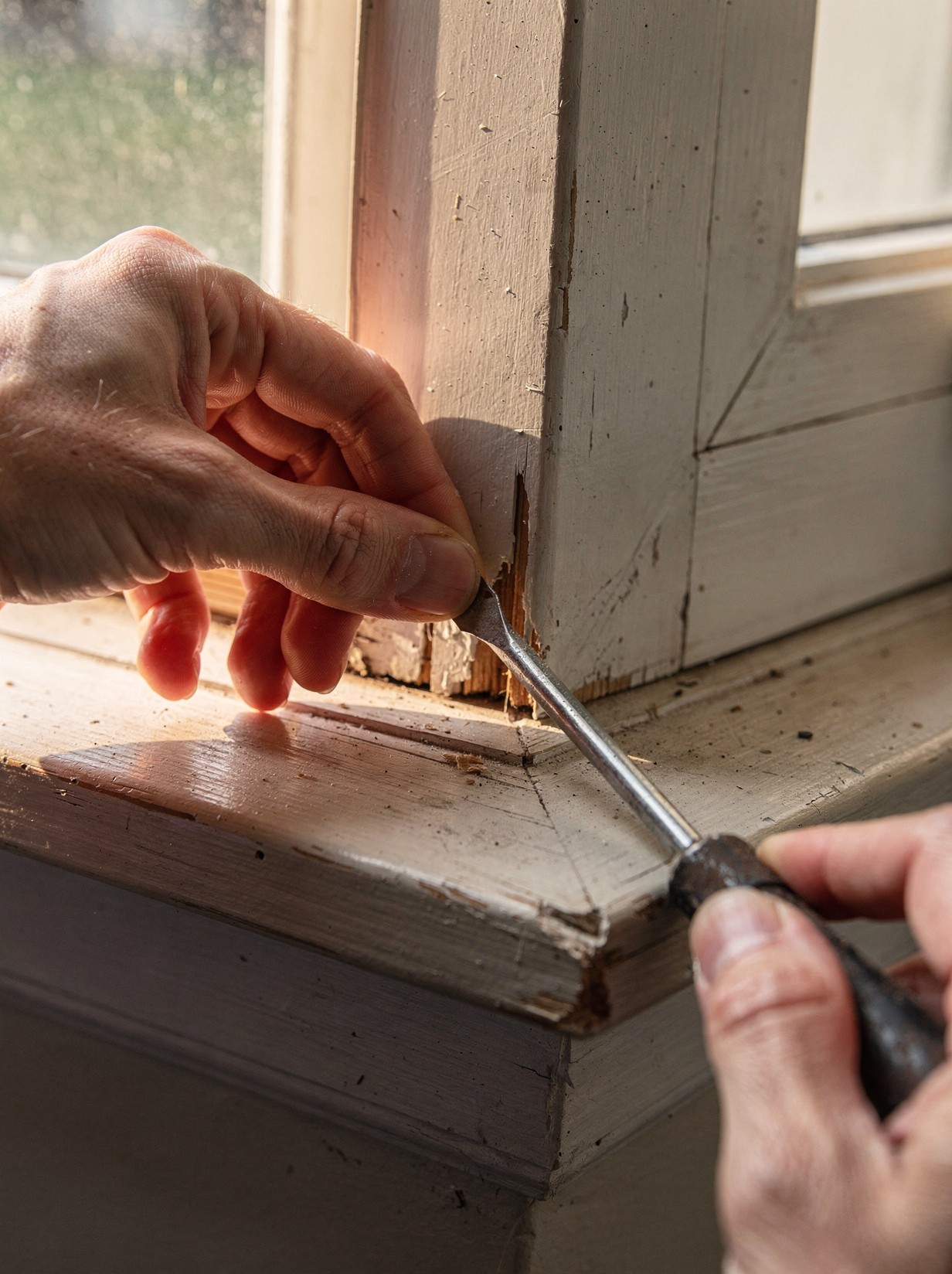 A hand pressing the tip of a screwdriver into the corner of a wooden window sill during the probe test, in warm natural daylight.
