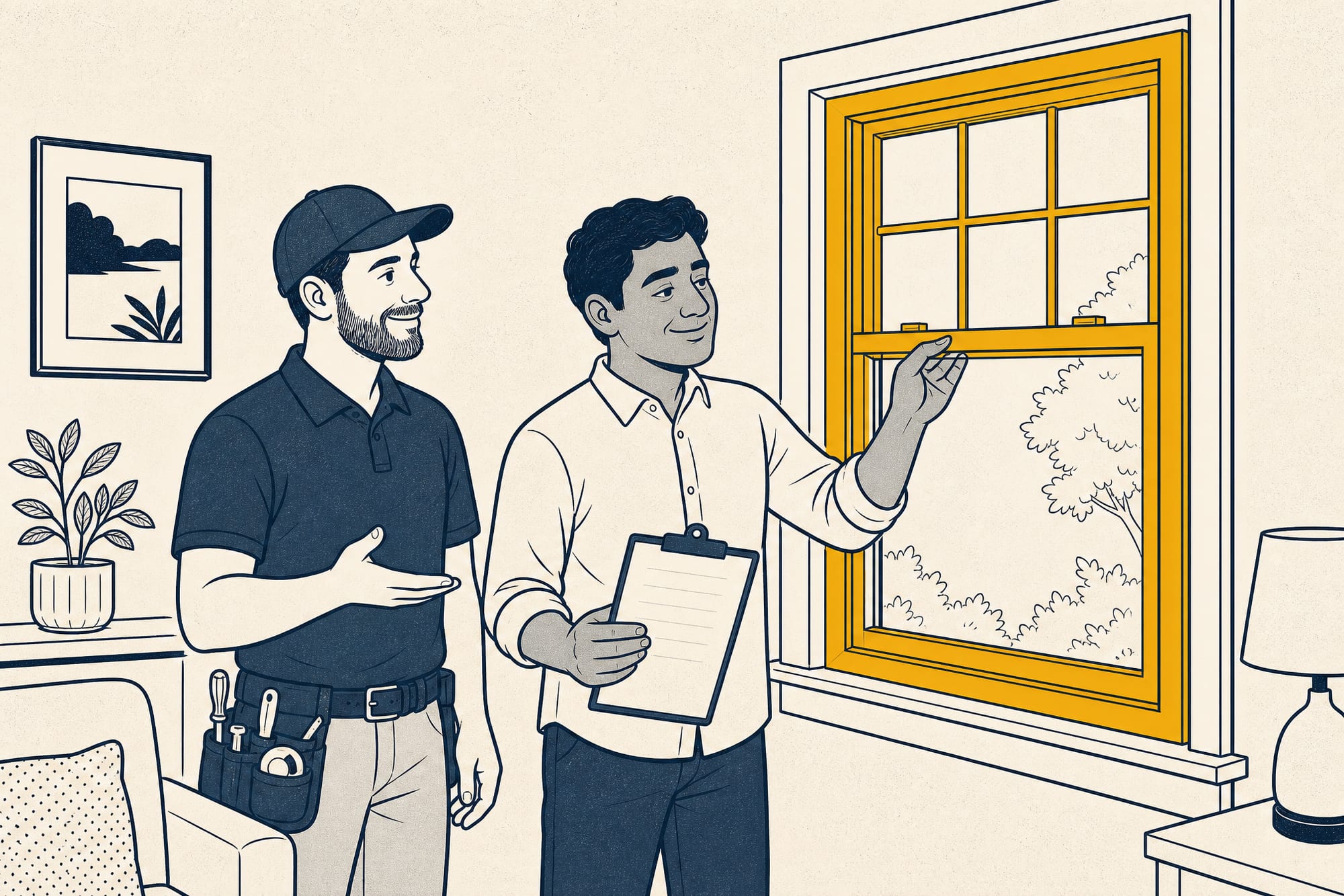 An editorial cartoon: a homeowner and an installer standing at a finished window together, the homeowner sliding the sash up and down to test it while the installer nods, a checklist in the homeowner's other hand.