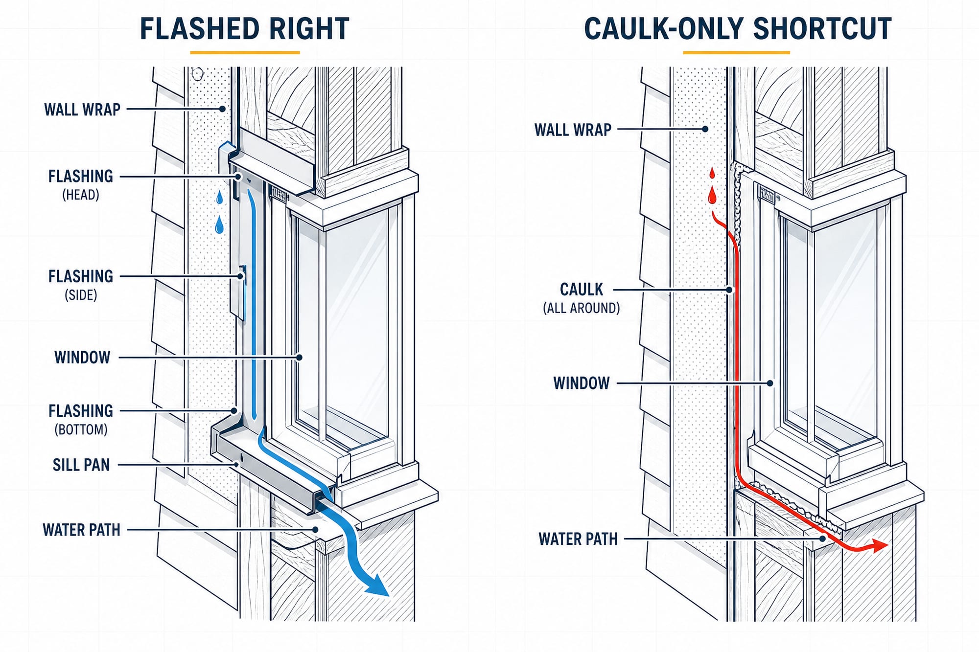 Two side-by-side wall cutaway diagrams. The left, labeled 'Flashed right,' shows a new window on a sill pan with flashing lapped bottom-sides-head and an arrow showing water shedding down and out of the wall. The right, labeled 'Caulk-only shortcut,' shows the same window held only by a bead of exterior caulk, no sill pan, with an arrow showing water getting trapped and running back into the wall cavity.