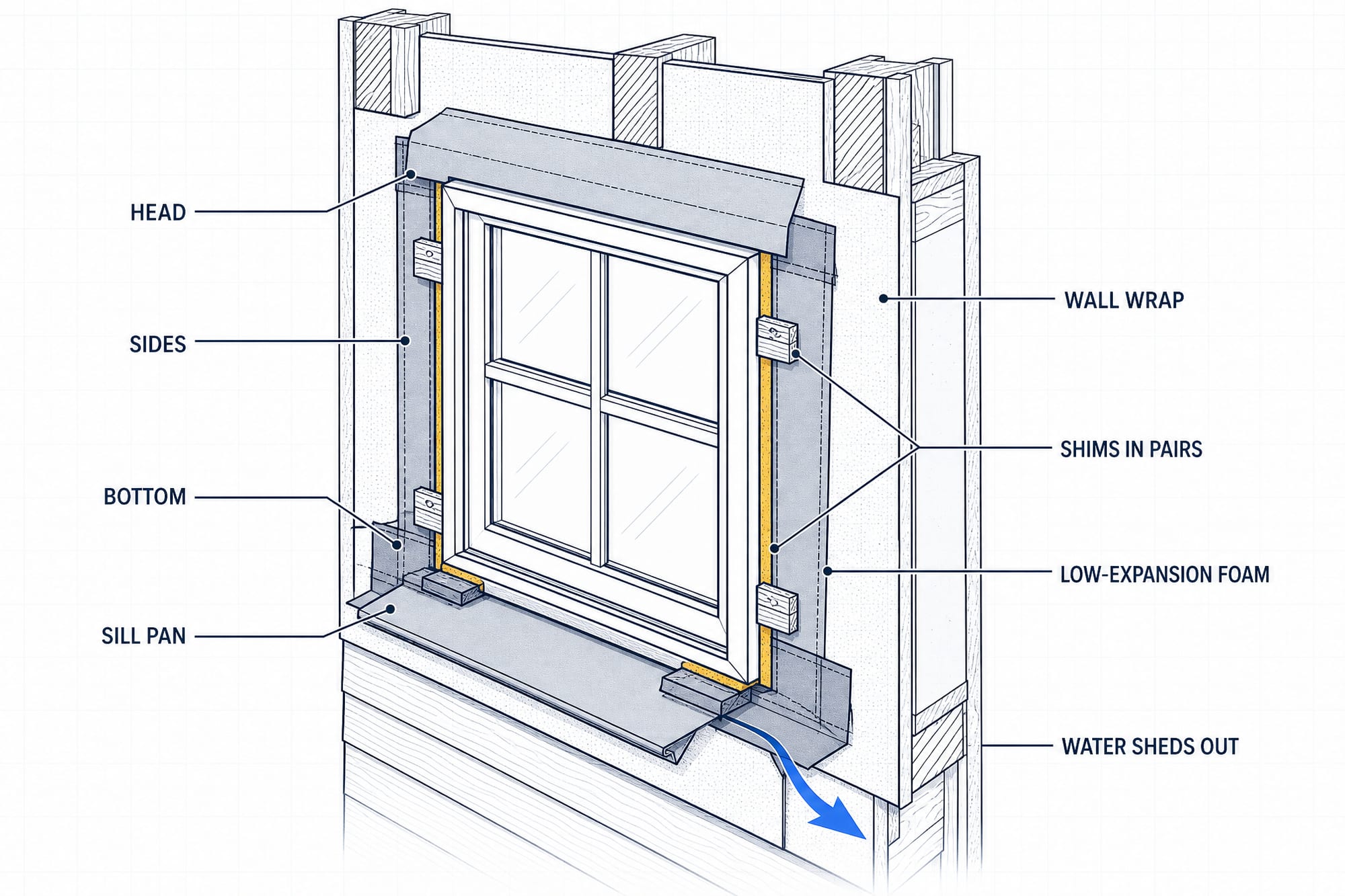 Cutaway diagram of a correctly installed window: a sill pan under the unit, flashing lapped in shingle order from bottom to sides to head into the wall wrap, shims set in pairs, a low-expansion foam gap, and a blue arrow showing water shedding out of the wall.