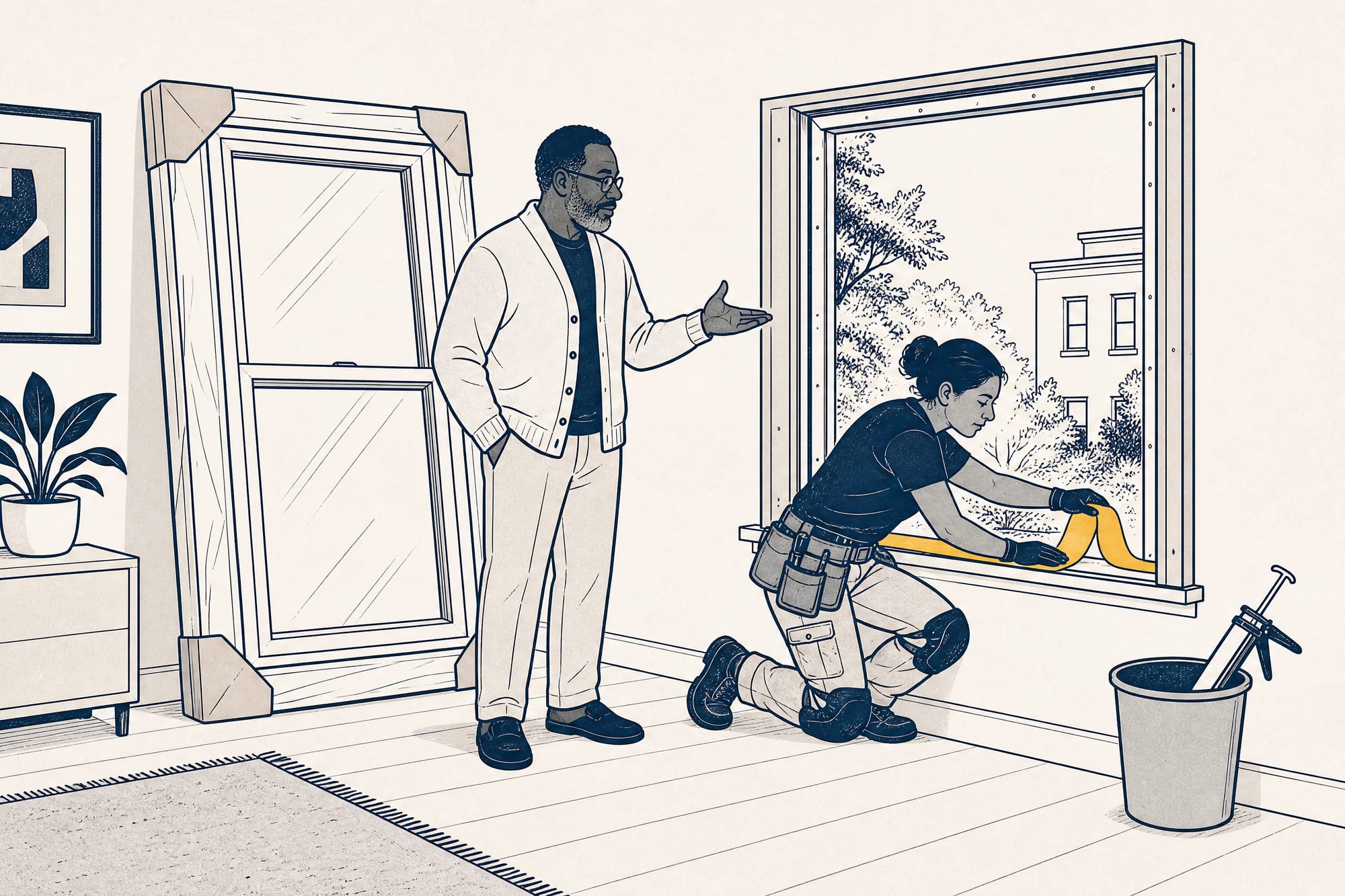 Cartoon: a homeowner stands beside a premium window leaning against the wall in its packaging, gesturing at the empty opening, while an installer kneels at the sill laying flashing tape properly this time — a single caulk gun retired in a wastebasket nearby.