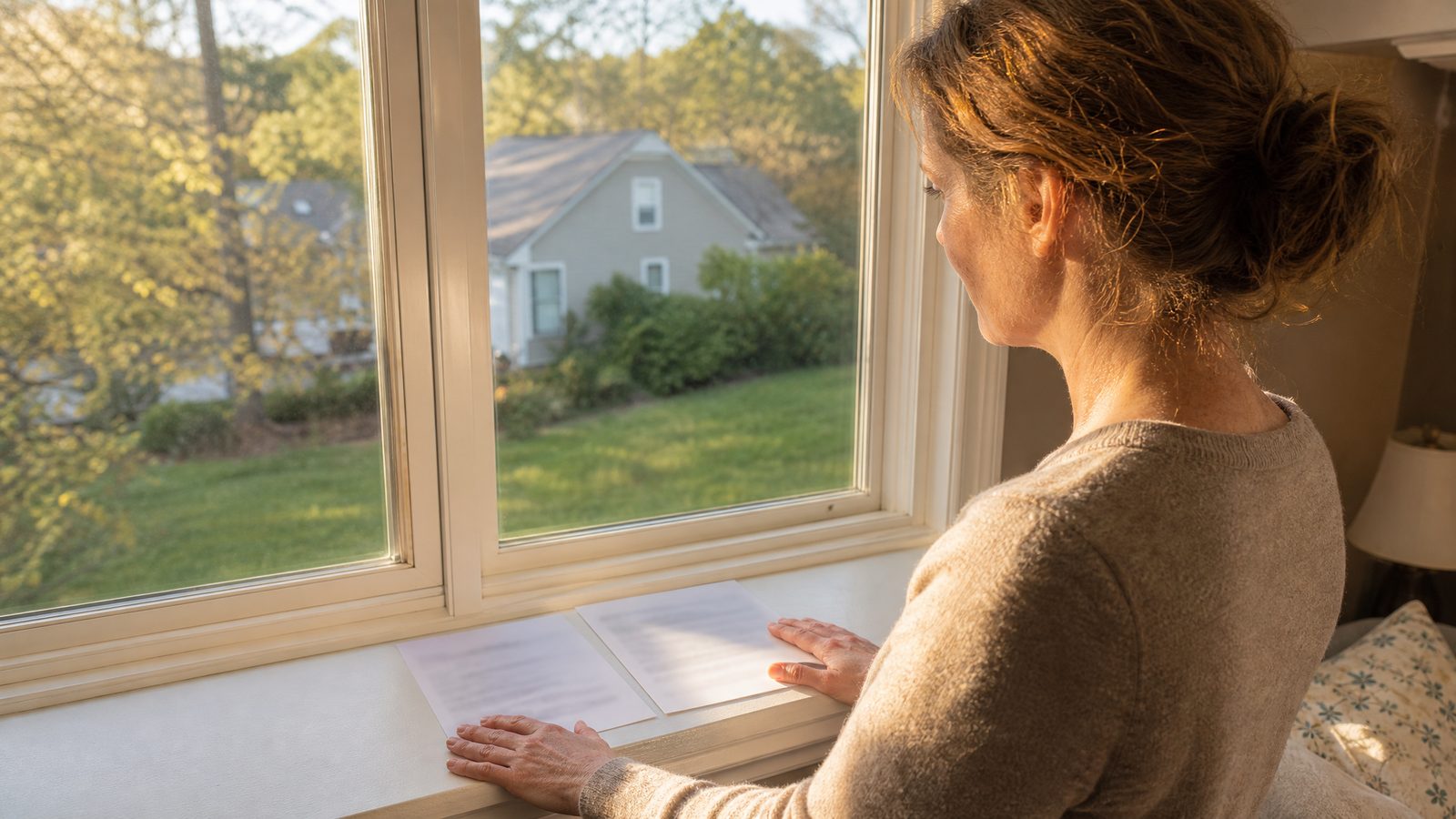 A homeowner at a bright, full-sun west-facing window with two window quotes laid on the sill — one naming a vinyl frame, one a fiberglass frame — studying them in flat afternoon light, deciding which frame material is right for the wall in front of her.