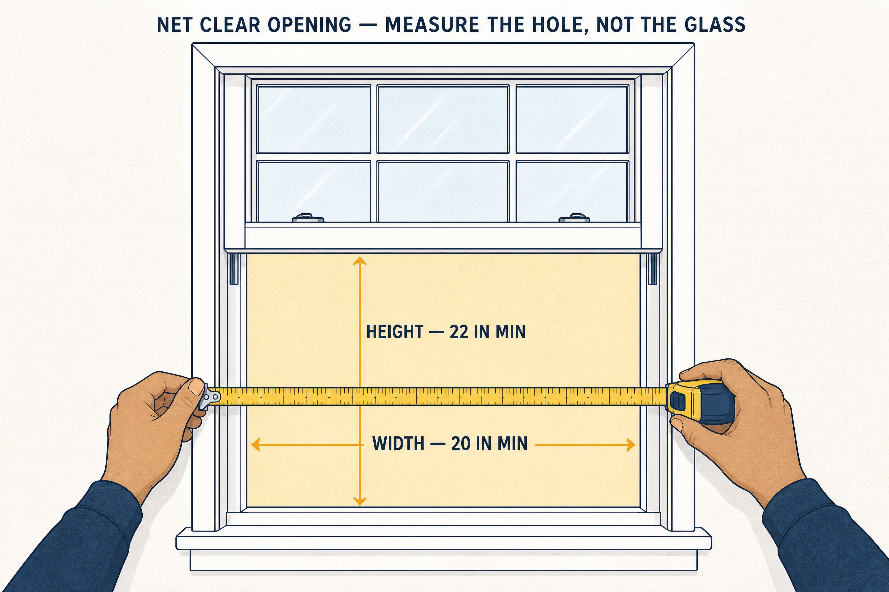Instructional illustration: a double-hung window with the lower sash raised and a tape measure across the clear opening, labeled 'net clear opening — measure the hole, not the glass', with height 22 inches minimum and width 20 inches minimum marked.