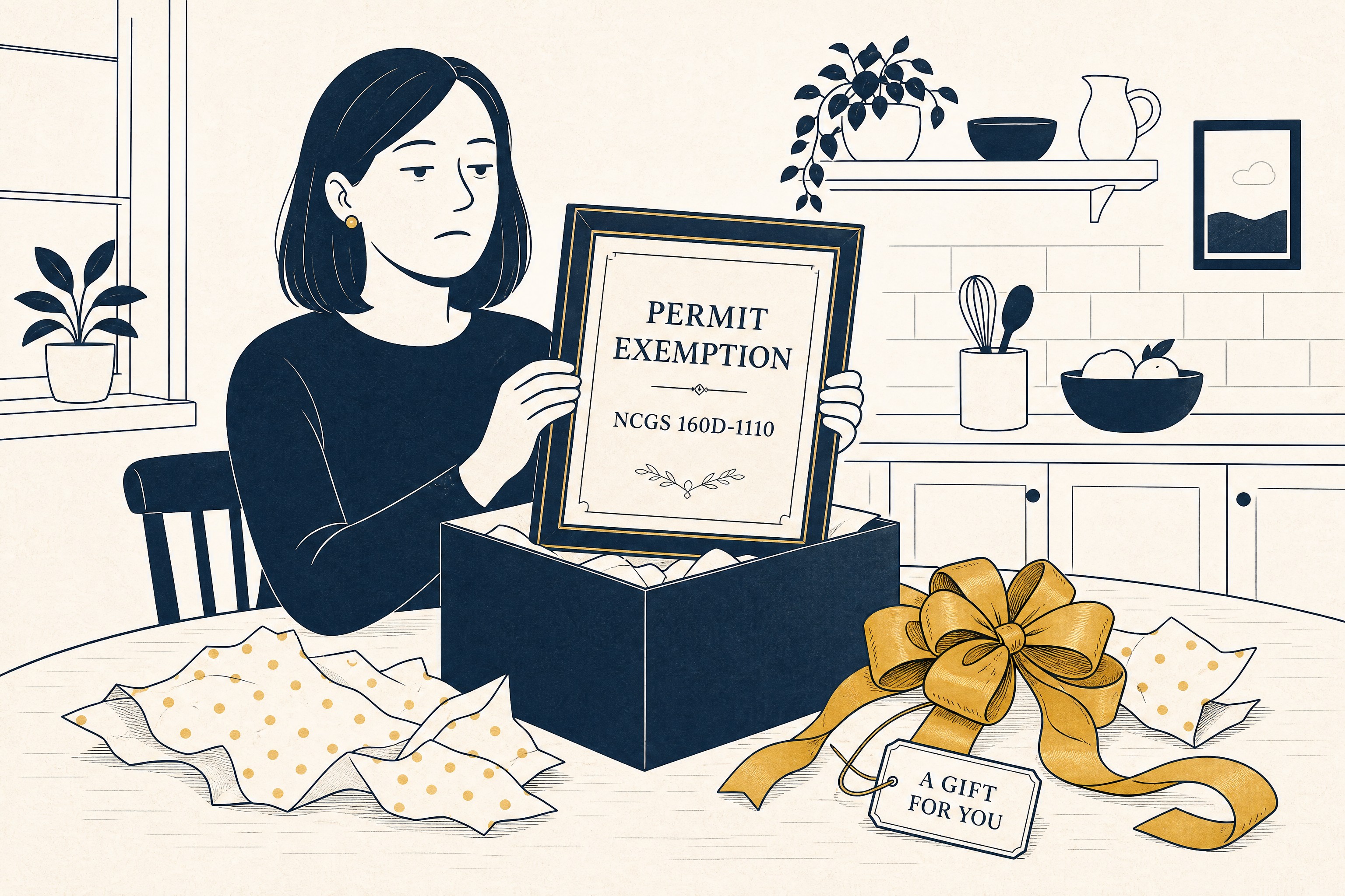 Cartoon: a homeowner unwraps a gift box and lifts out a framed certificate reading 'permit exemption — NCGS 160D-1110', a gift tag reading 'a gift for you' beside it, her expression politely unimpressed.