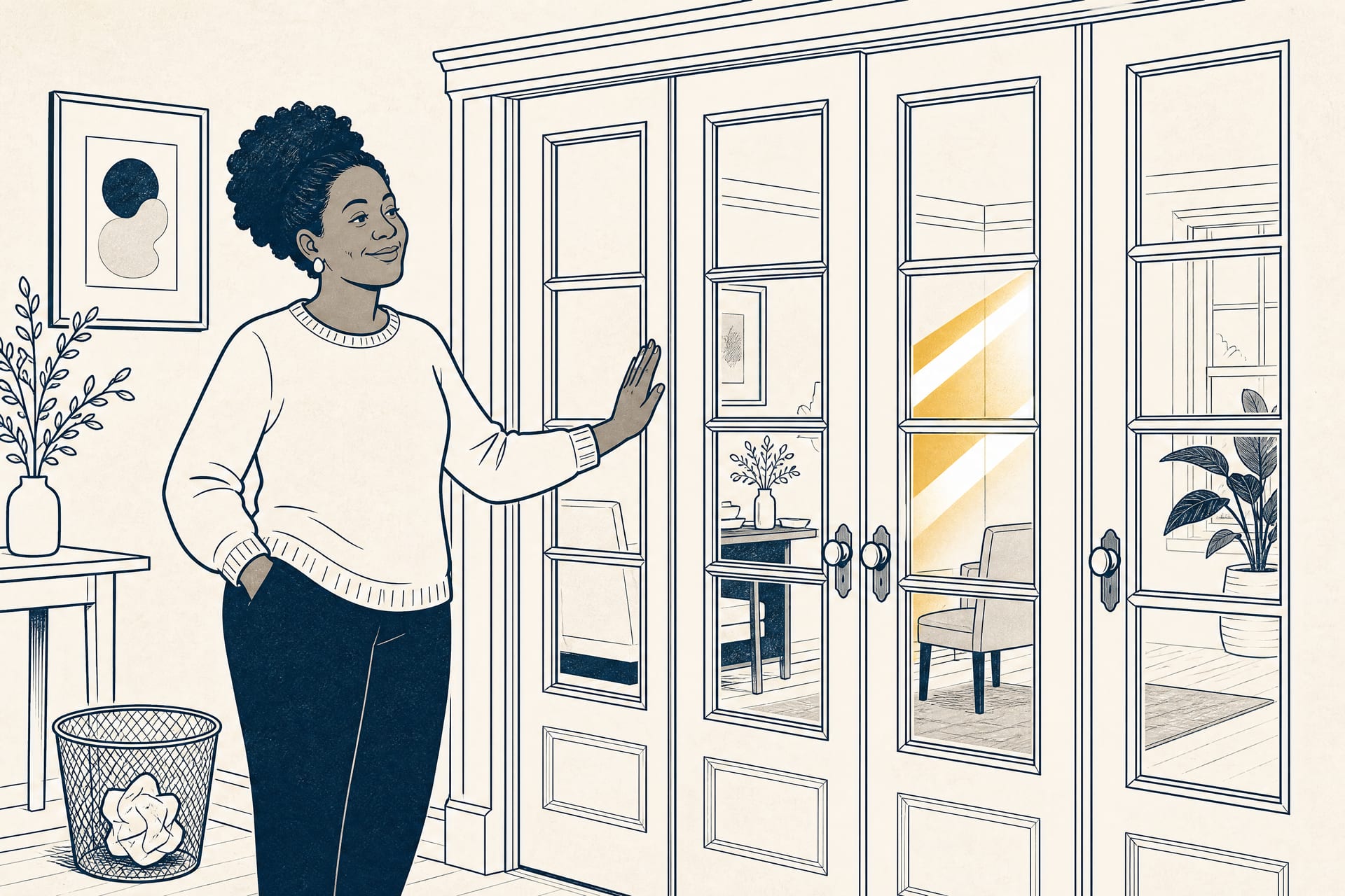 Cartoon: a relieved homeowner stands by a row of French doors with fresh clear glass while a $35,000 replacement quote sits crumpled in the trash.