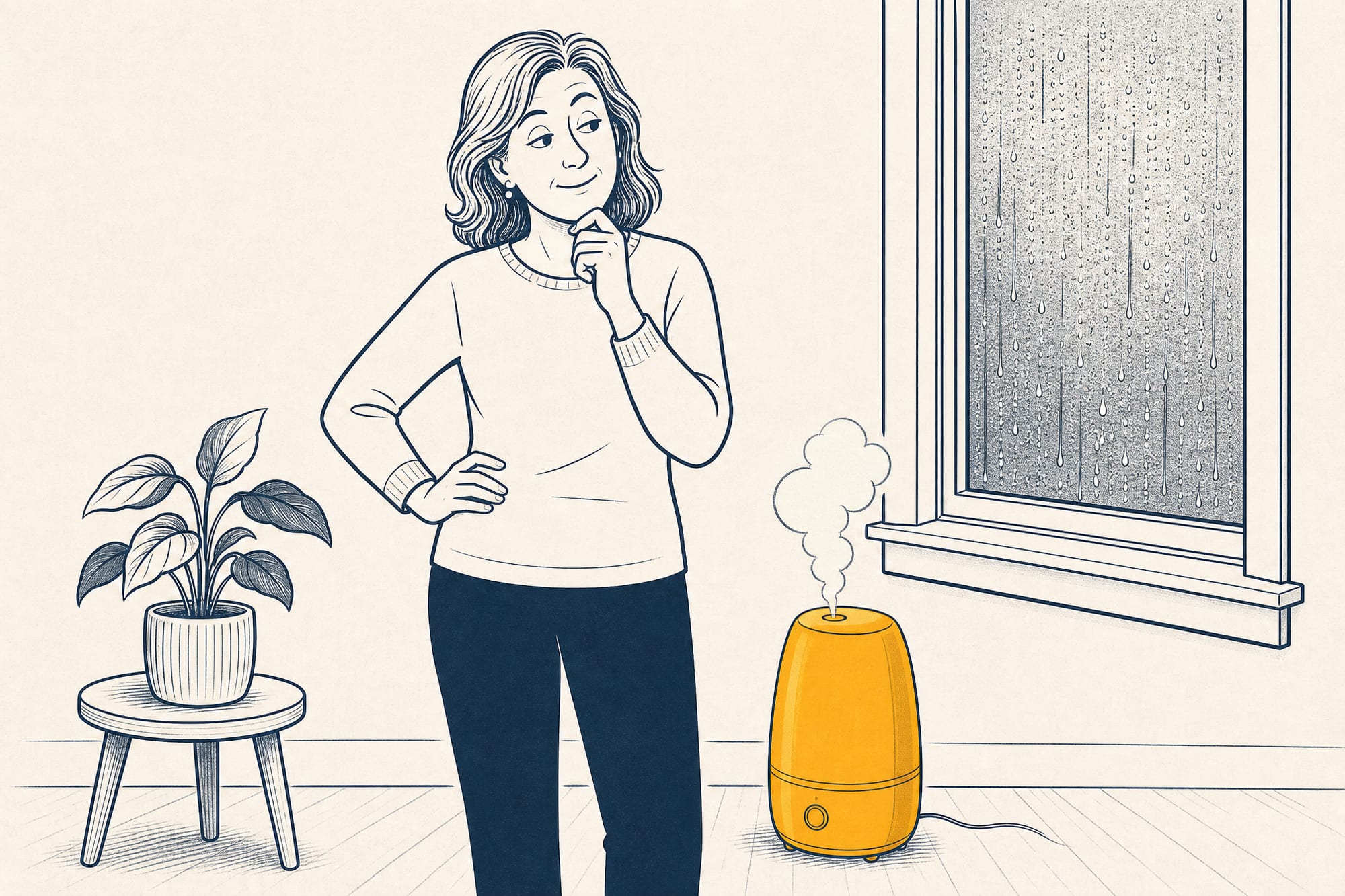 Cartoon: a calm homeowner stands between a brand-new humidifier puffing away on the floor and a window beaded with condensation, connecting the two with a raised eyebrow, a single houseplant nearby.
