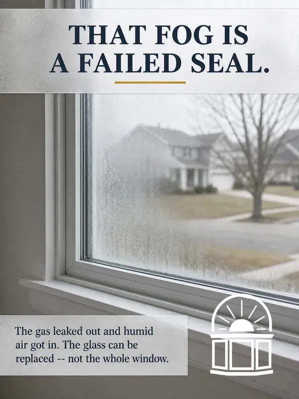 That Fog Is a Failed Seal — condensation trapped between panes; the glass can be replaced, not the whole window