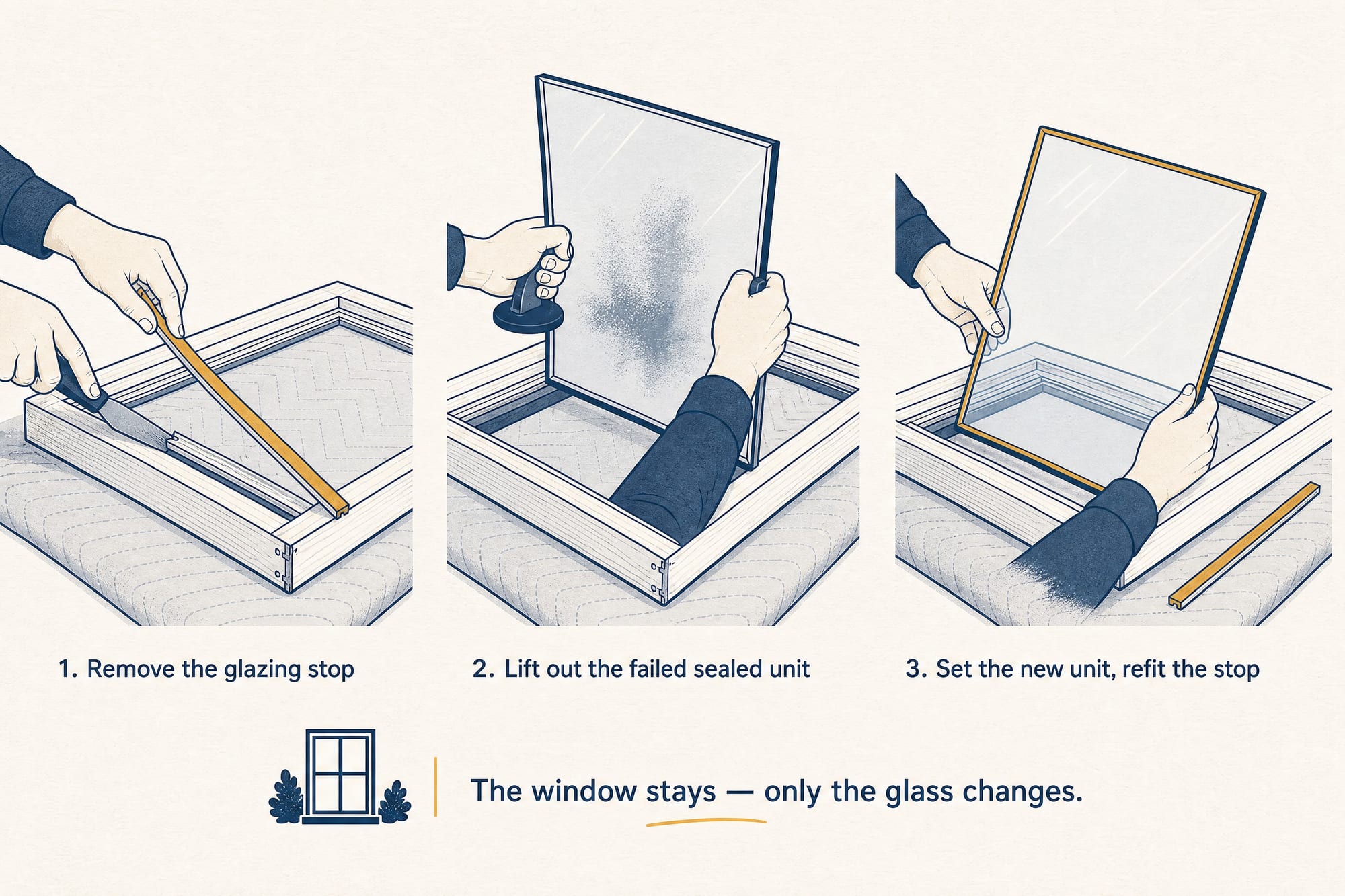 Three-step how-to for a glass-unit swap: remove the glazing stop, lift out the failed foggy sealed unit, then set the new sealed unit and refit the stop. The window frame stays; only the glass changes.