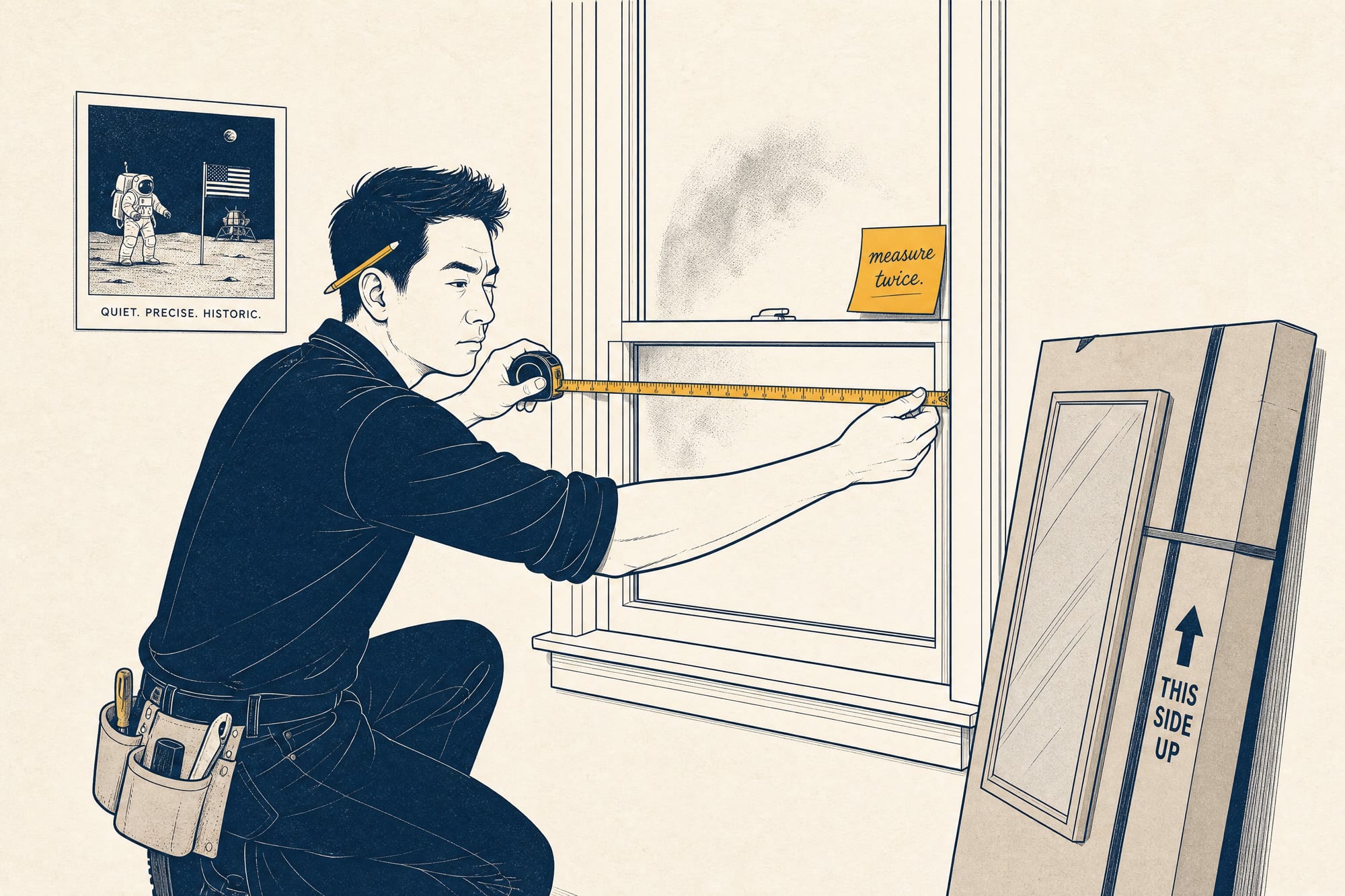Cartoon: a careful homeowner measures a foggy windowpane with a tape measure, a 'measure twice' sticky note on the frame and a new replacement glass unit marked 'this side up' leaning against the wall.