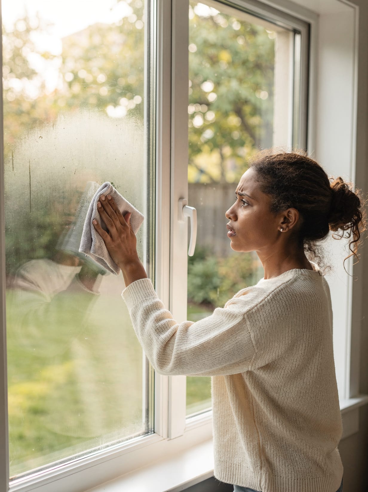 A homeowner in a bright room wipes a cloth against a clean, modern white-framed window with a sunny green backyard view, frustrated because a hazy patch of condensation stays trapped between the panes.