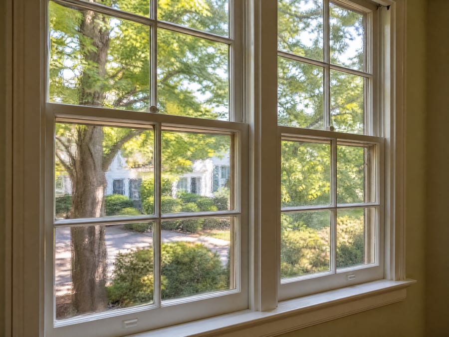 A restored original wooden double-hung sash in a historic home, repainted and re-puttied, the old hand-blown glass still showing its faint wavy ripple against the garden beyond.