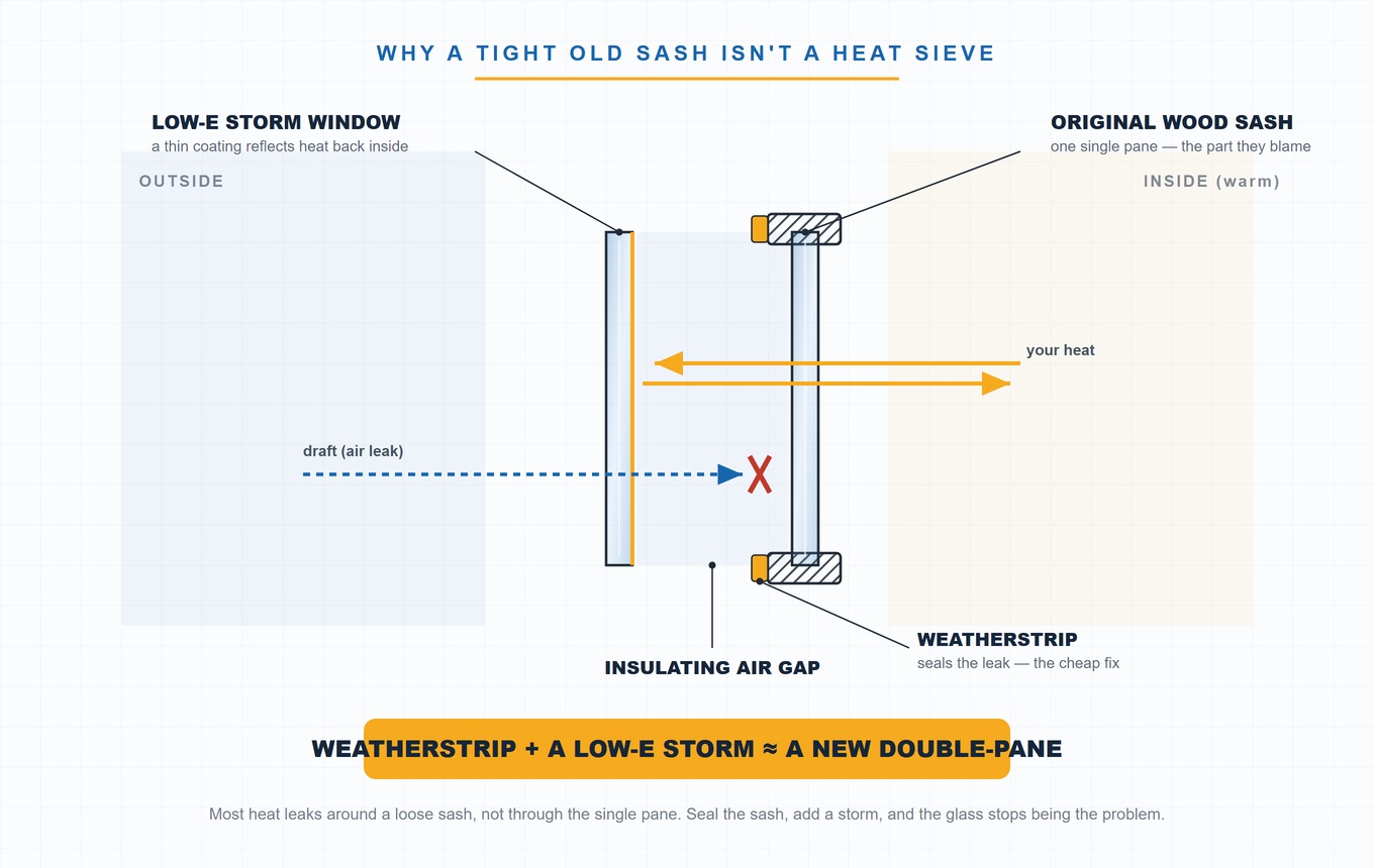 Cross-section diagram of an original single-pane wood sash with a low-e storm window added over its outside face. Weatherstrip at the sash seals the air leak — shown stopping the incoming draft arrow — while the insulating air gap and the storm's low-e coating reflect the room's radiant heat back inside. Labeled verdict: weatherstrip plus a low-e storm performs like a new double-pane.