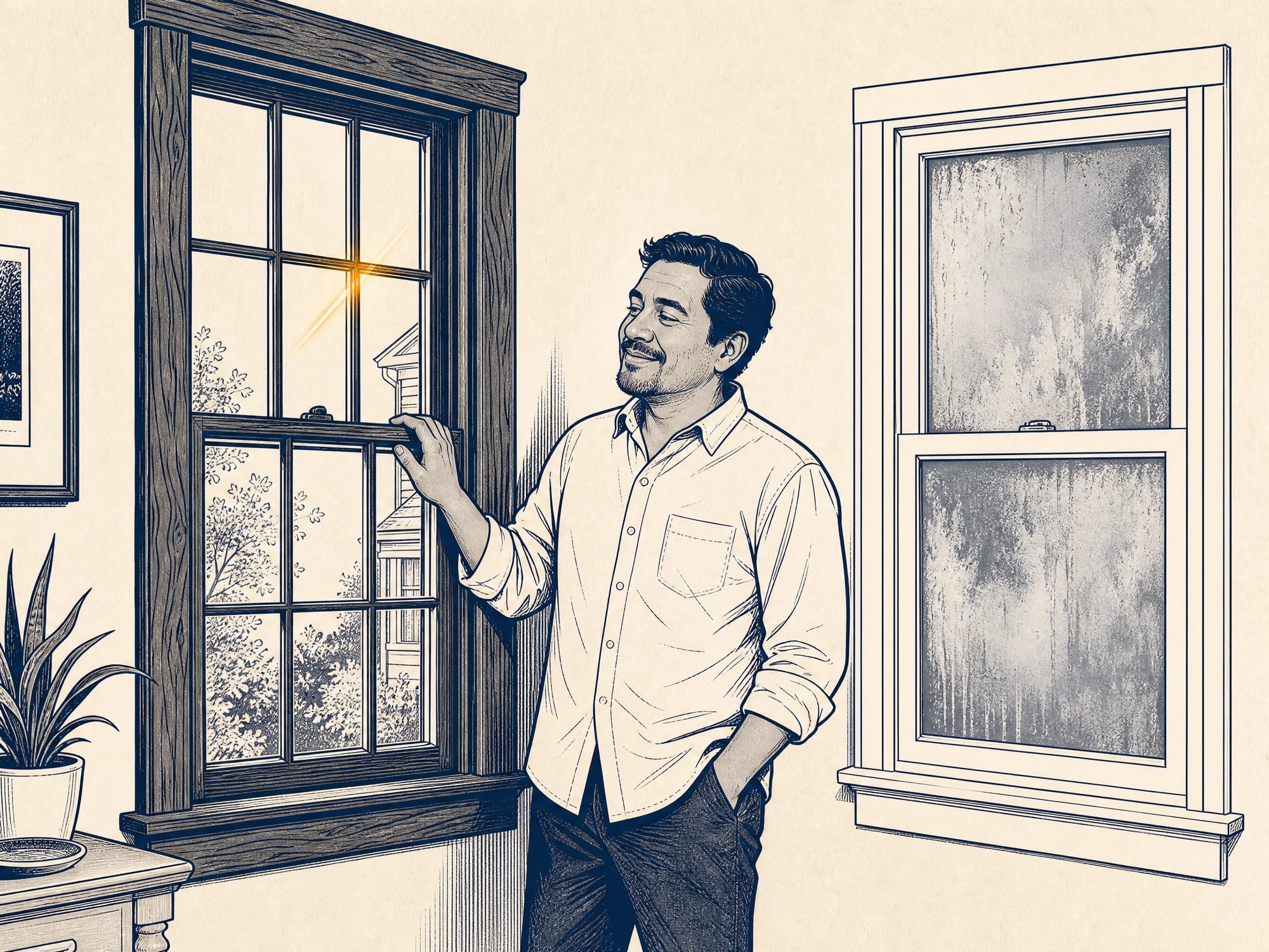 Illustration of a homeowner standing fondly beside his restored original wood window — its glass crystal-clear and catching a warm gleam — while a newer vinyl replacement window on the other wall sits clouded and foggy grey between the panes.