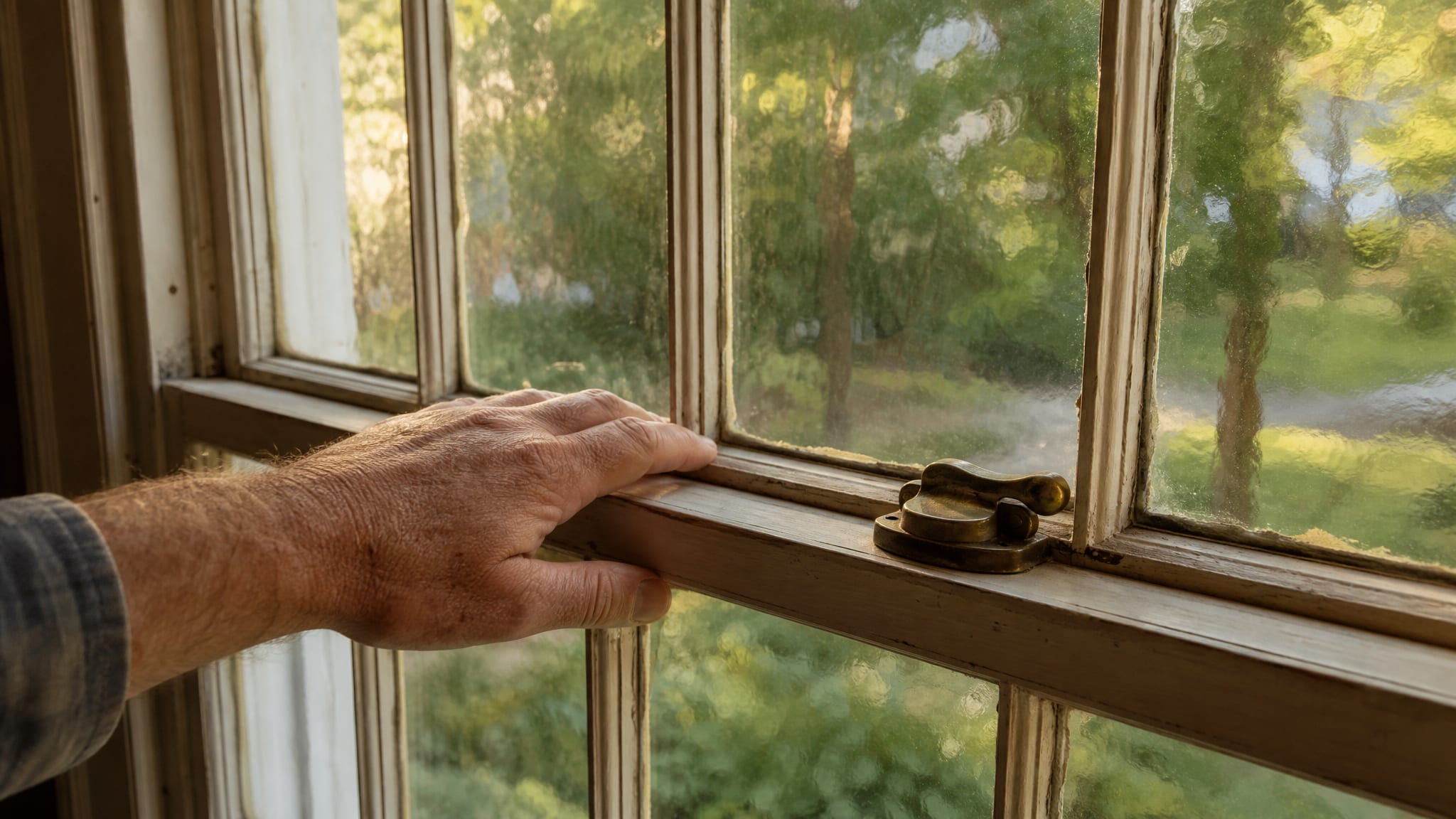 Morning light through the wavy original glass of a double-hung wood sash in a lived-in older North Carolina home, a hand resting on the meeting rail.