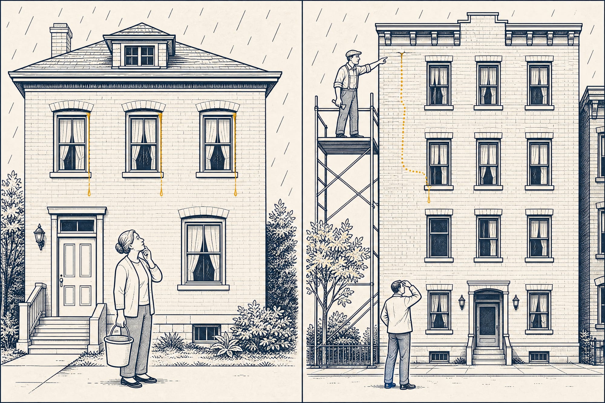 Two-panel cartoon of two different brick buildings. Left: a homeowner holds a bucket and looks up at her two-story house, where three windows each trickle water. Right: a mason on scaffolding points at a small mortar crack above a window on a taller building, a dotted line tracing the water's hidden path down to a single drip at the window below.