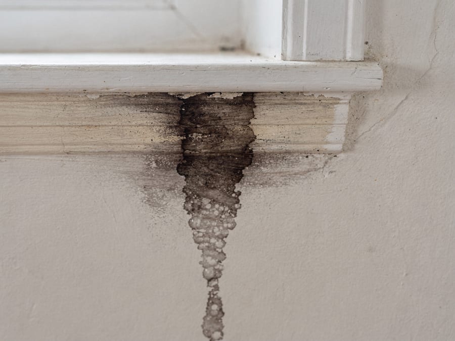 Interior wall directly beneath a window sill with a dark damp stain bleeding downward from the bottom corner, the paint discoloured and lifting at the edge while the white sill above stays intact.