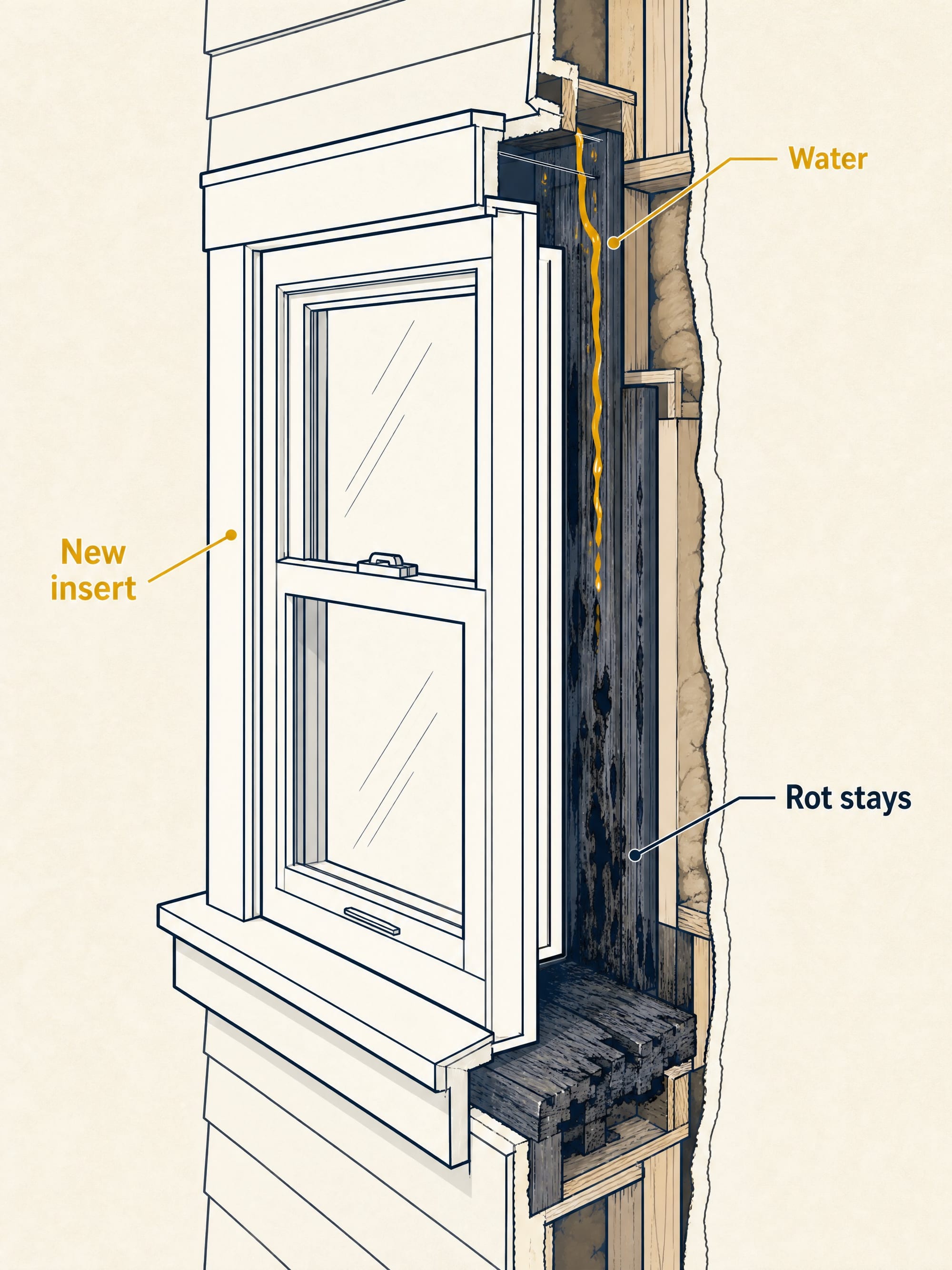 A cutaway diagram of a wall opening: a clean new insert window in front, with dark decayed wood hidden behind it inside the wall and a water trail still feeding the rot. Labels read 'New insert,' 'Water,' and 'Rot stays.'