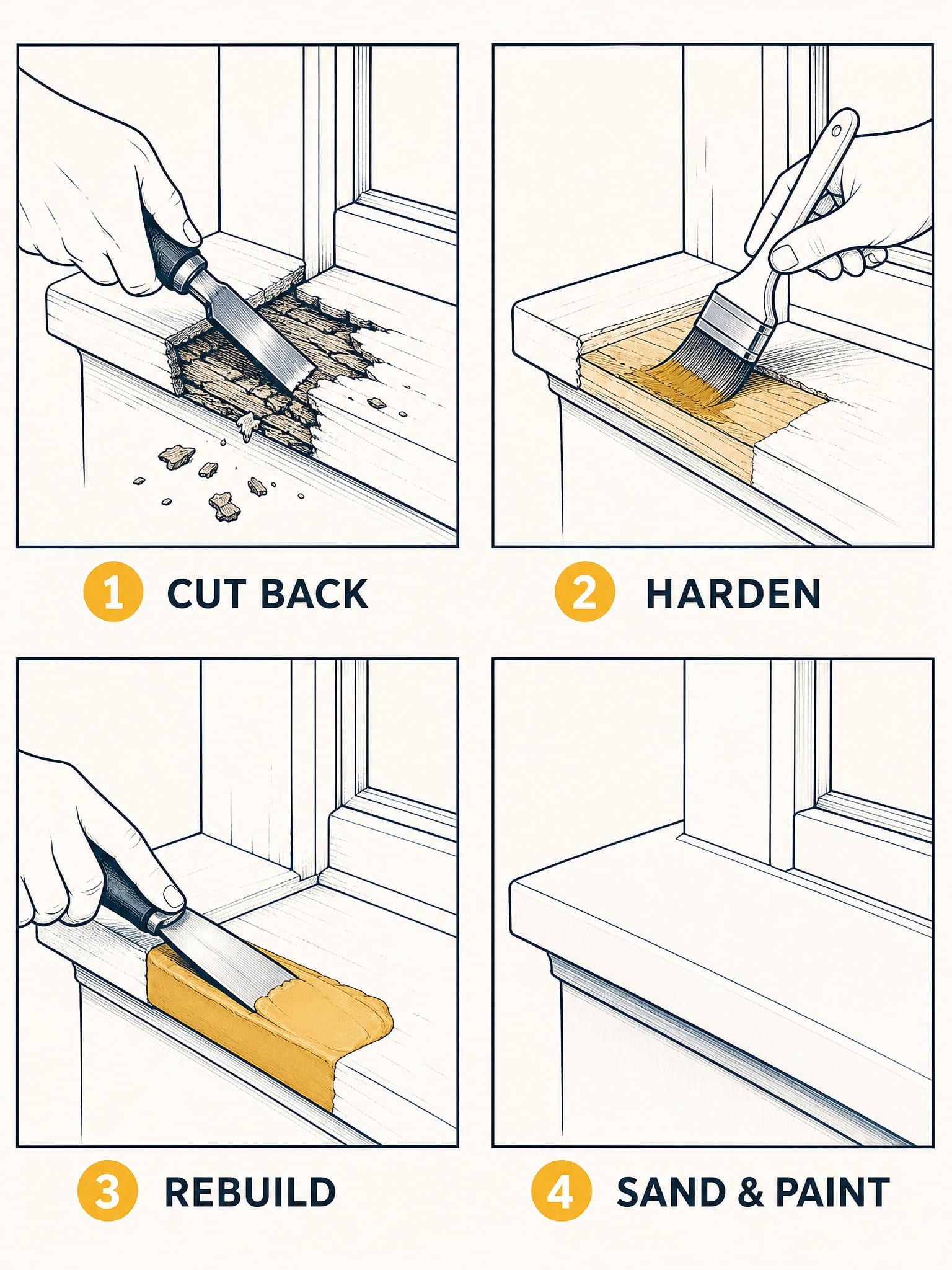 A four-step illustration of an epoxy sill repair: (1) Cut back — chiseling crumbling wood to sound material; (2) Harden — brushing consolidant into the exposed wood; (3) Rebuild — shaping two-part epoxy putty to the sill profile; (4) Sand & paint — the finished sill looking whole again.