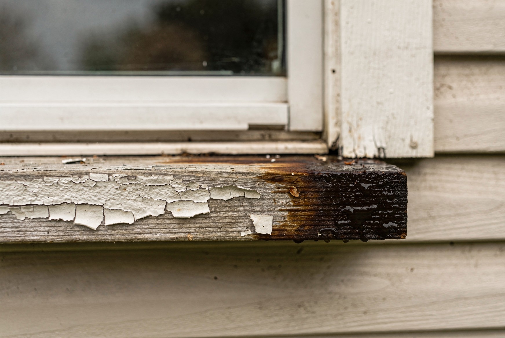 A weathered wooden window sill with bubbling paint and one dark, soft corner after rain, on an otherwise well-kept house in soft overcast light.