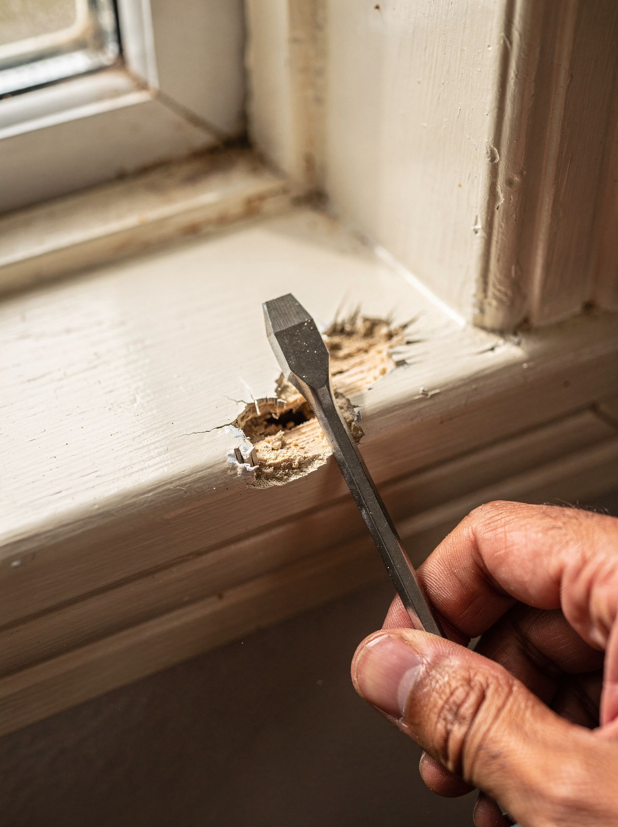 A hand pressing a screwdriver into a painted window sill, the tip sunk visibly into soft wood at one corner — the moment the probe confirms the rot.