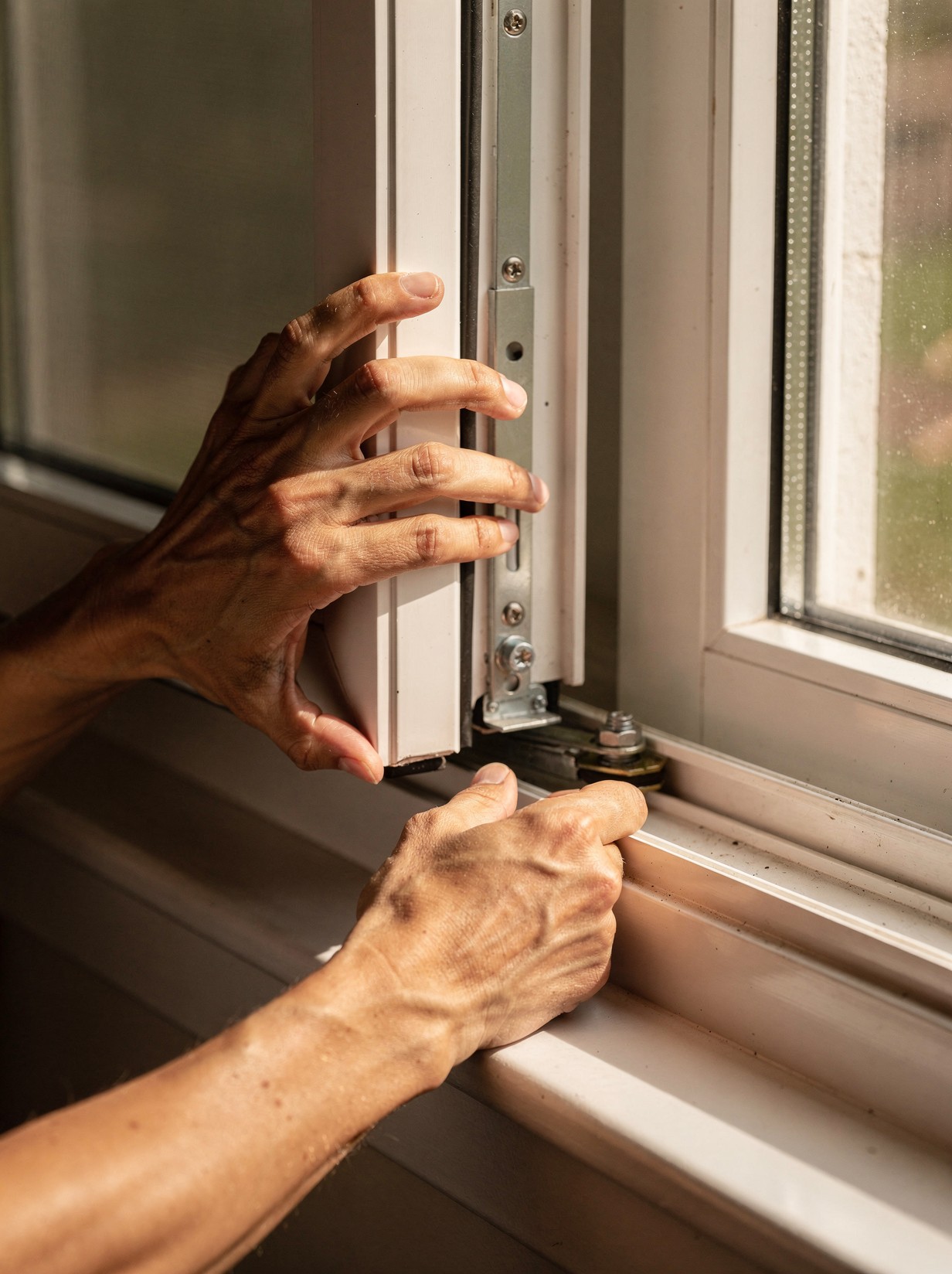 Two hands tilt a white vinyl double-hung sash inward into the room, exposing the jamb track and the balance hardware in the channel behind it.