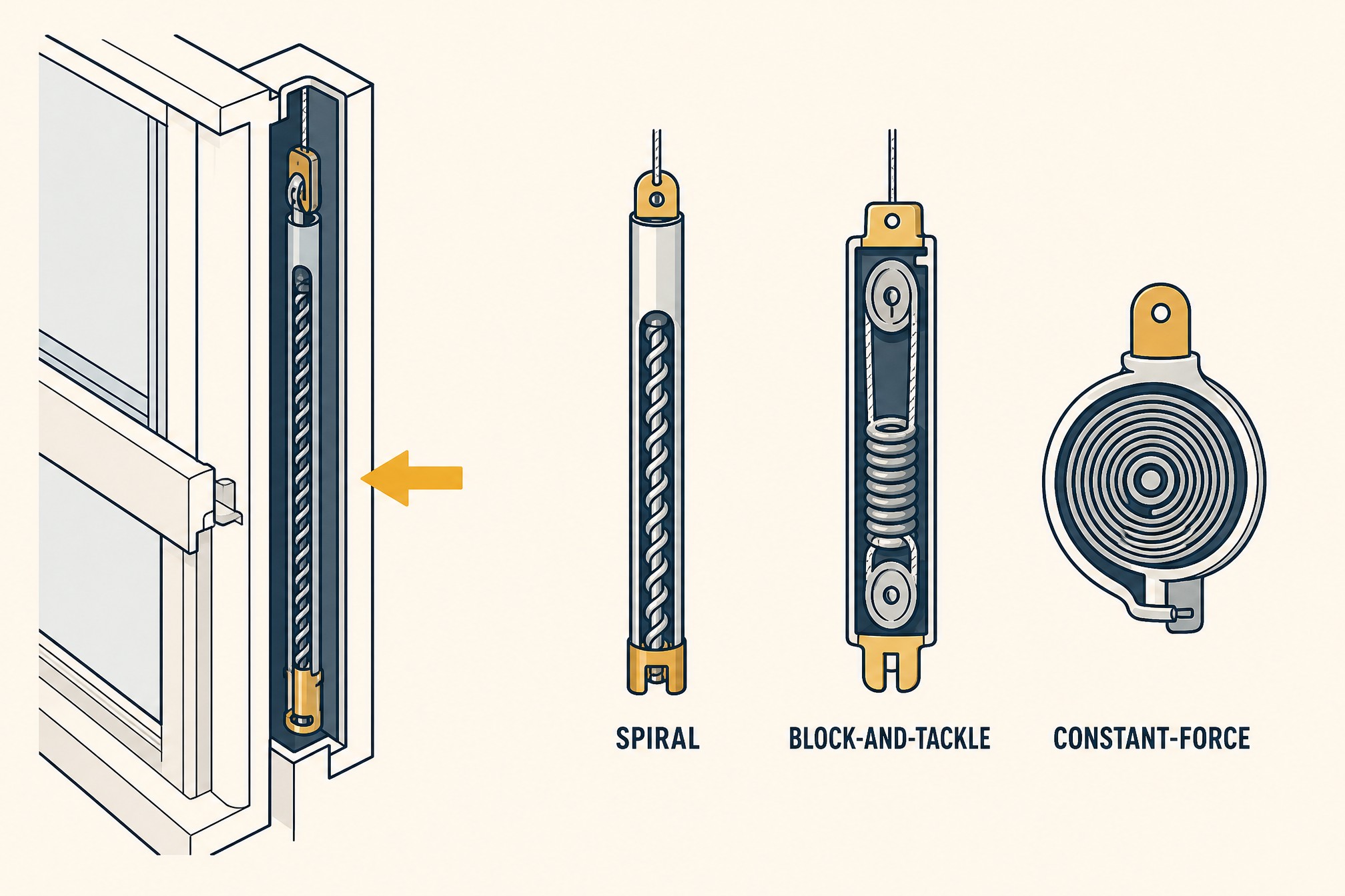 A cutaway diagram of a double-hung window jamb with a gold arrow pointing to the hidden balance inside it, beside three labeled balance types: a spiral tube-and-rod, a block-and-tackle spring-and-pulley cartridge, and a flat coiled constant-force spring.