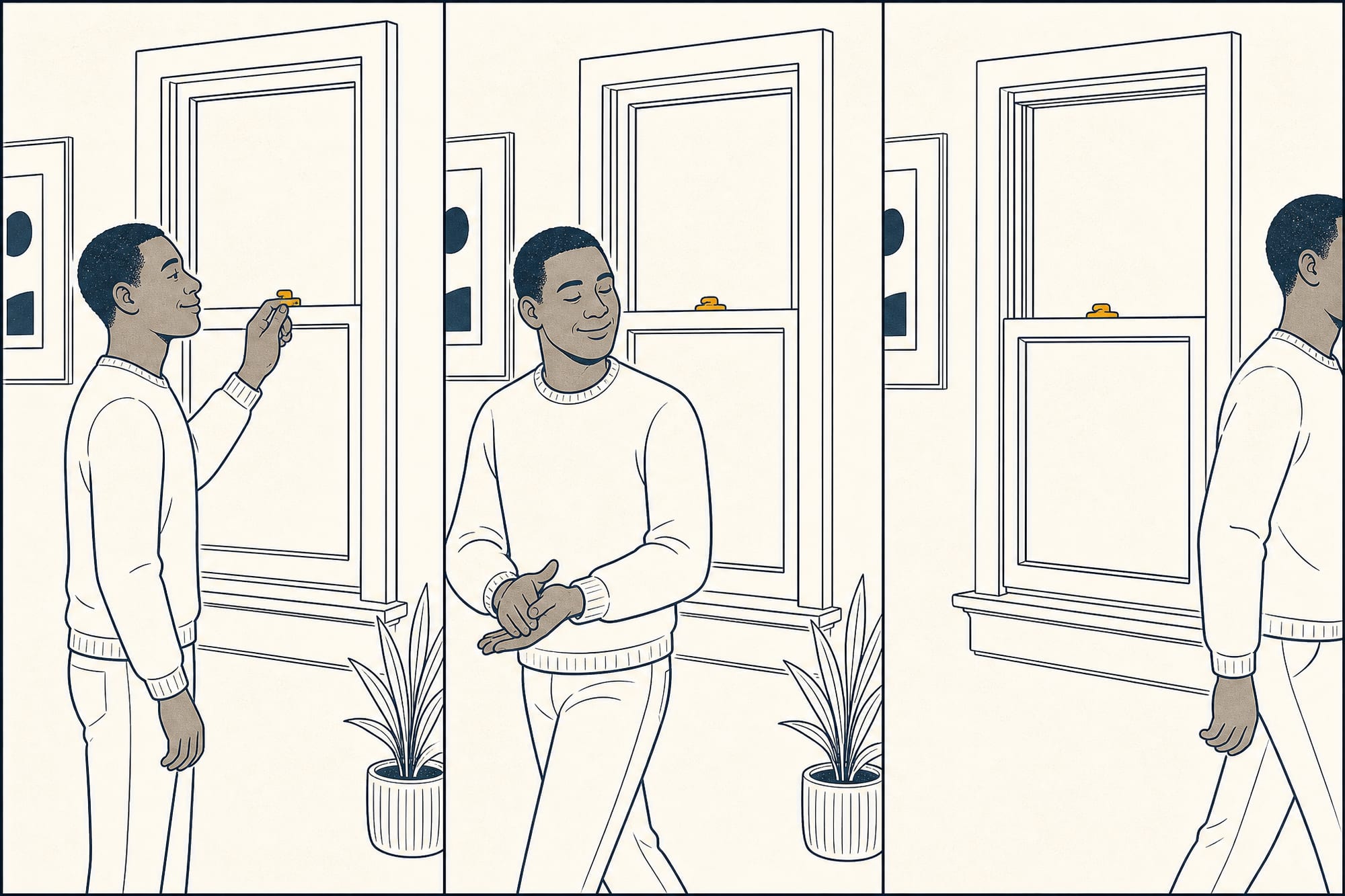 Cartoon in three beats: a homeowner triumphantly clicks a window lock shut, turns away, and the top sash silently slides back down on its own while the little cam lock sits there looking innocent.