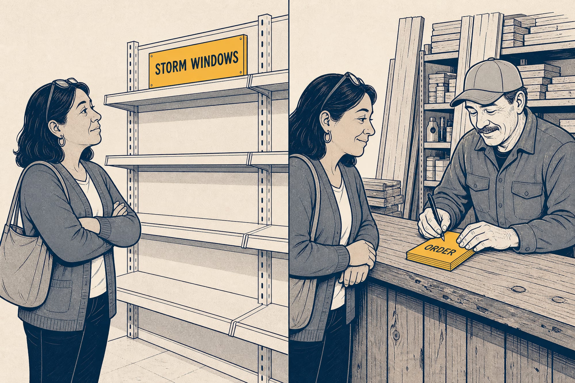 Comic: a homeowner stands at an empty big-box shelf labeled with a storm-window sign, then leans on the counter of a small lumber yard where a clerk writes up an order, the homeowner looking quietly pleased.