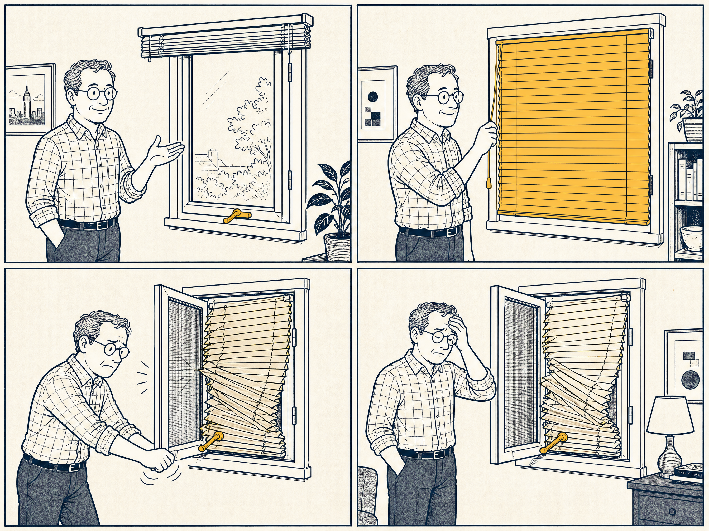 Four-panel comic of a homeowner installing interior blinds in front of a crank-out casement window, cranking the window open, and the sash colliding with the lowered blinds while the crank handle jams against the slats.