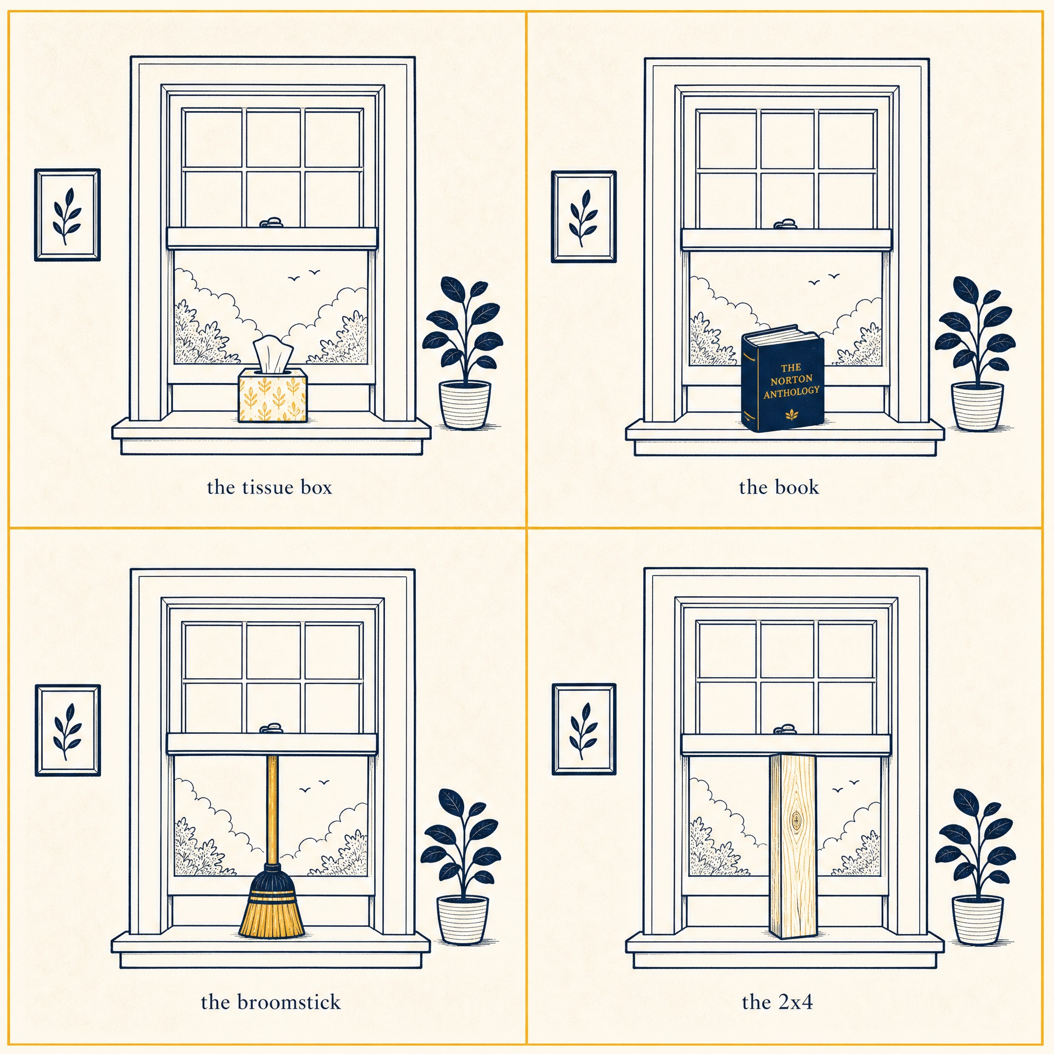 Four-panel comic showing the same double-hung window propped open by escalating objects: a tissue box, a hardcover book, a broomstick, and a 2x4 scrap.