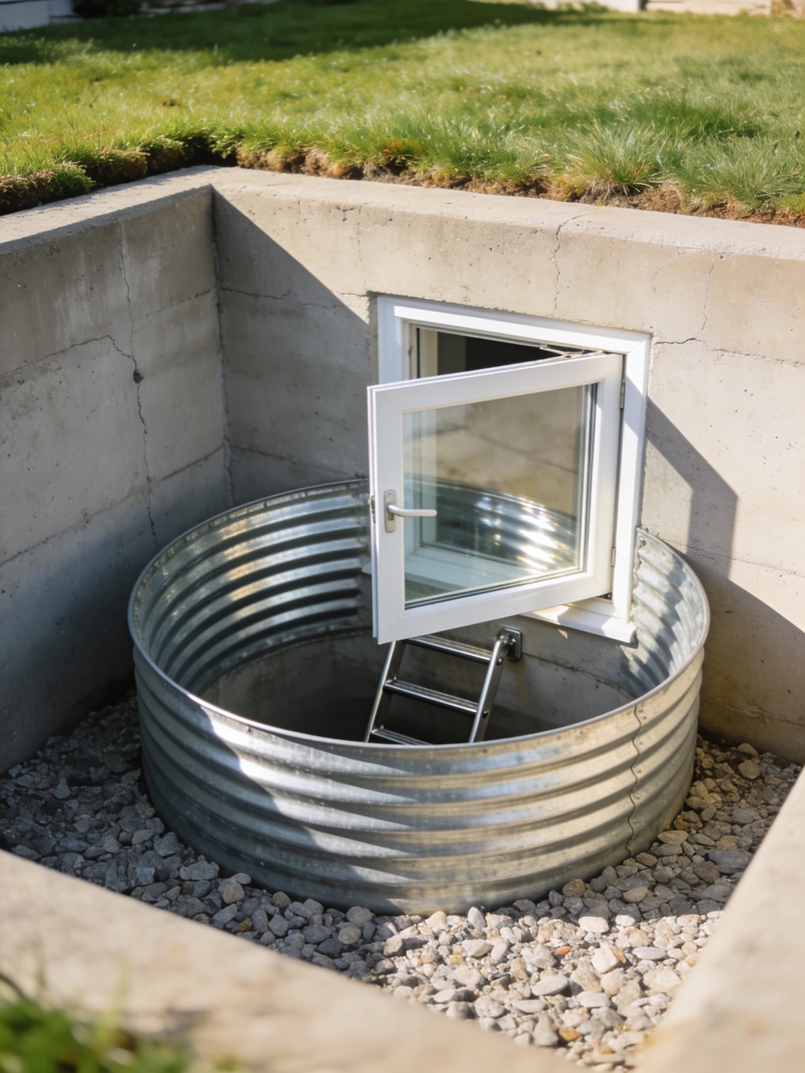 A basement egress casement window opening into a corrugated-steel window well with a small escape ladder, daylight pouring down onto the gravel bed
