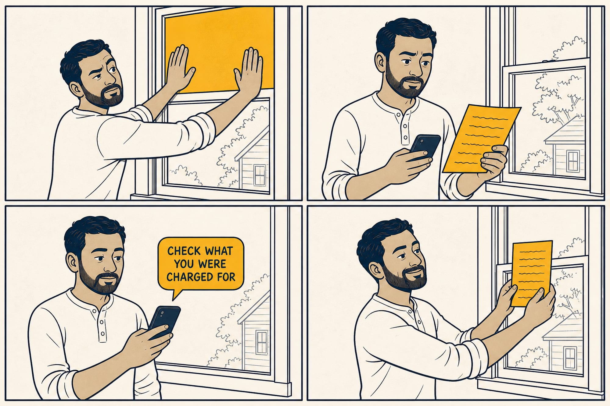 Four-panel cartoon: a homeowner pushes up on a new window's top sash and it doesn't budge; they type a forum post while holding the spec sheet; a calm reply arrives saying to check what they were charged for; the homeowner holds the contract page up next to the window, unbothered.