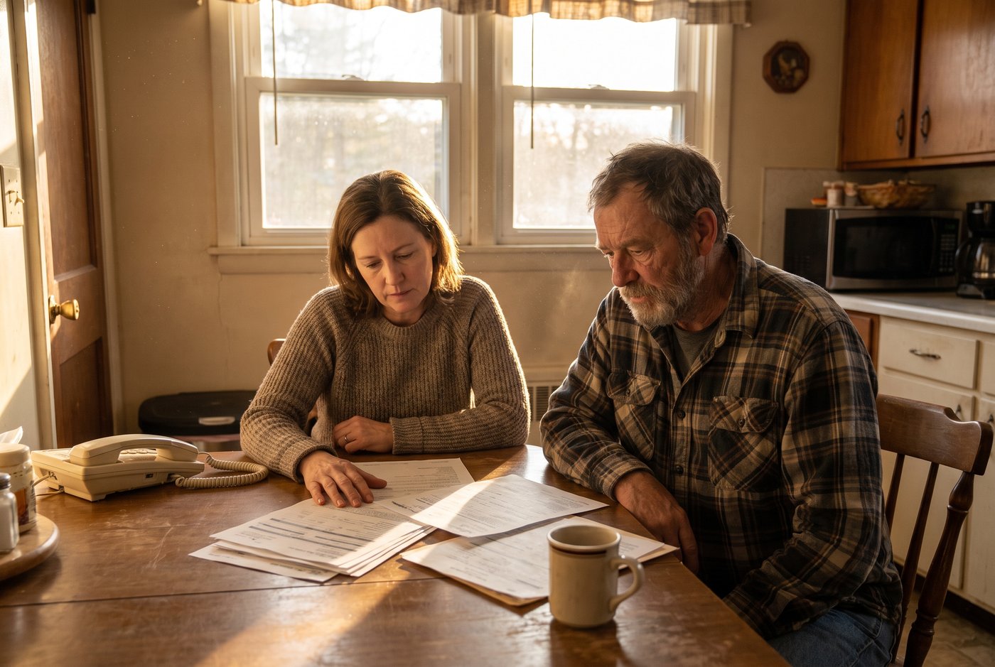 An older man in a flannel shirt and his adult daughter sit together at a kitchen table in late afternoon light, both looking down at a spread of forms and paperwork, a landline phone beside them.