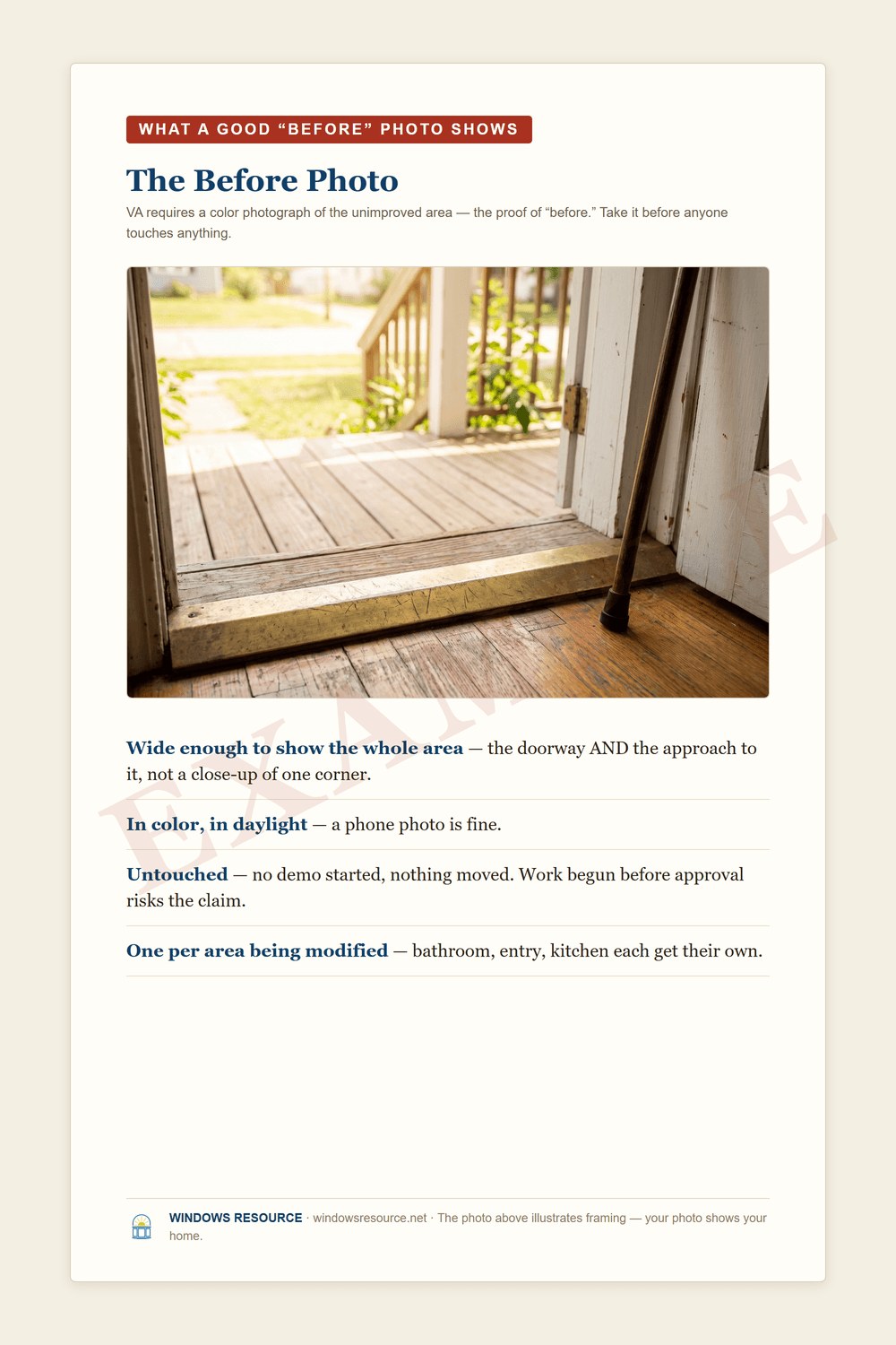 Example of a good before photo: a doorway and its approach shown wide, in color, untouched — with the four rules a before photo has to follow.