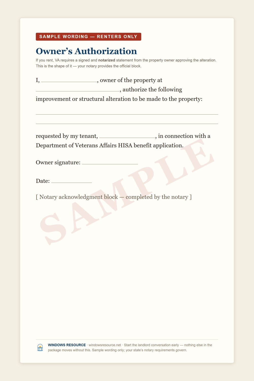 Sample wording for a property owner's notarized authorization letter for renters, watermarked SAMPLE, with blanks for names, address, the alteration, signature and notary block.