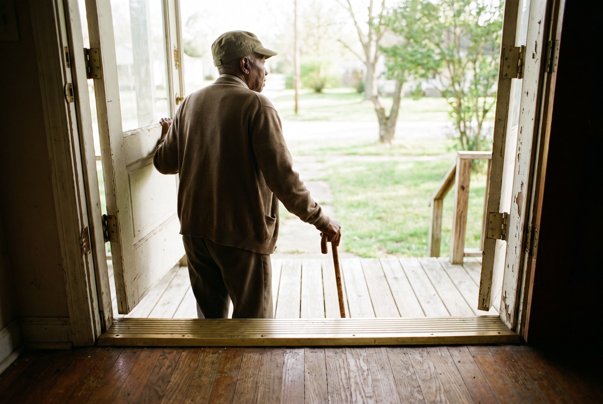 An older veteran in a faded olive service cap and cardigan pauses at his open front door, one hand on the door and the other on a wooden cane, morning light flooding past him over the worn brass threshold — the half-inch of metal these grants exist for