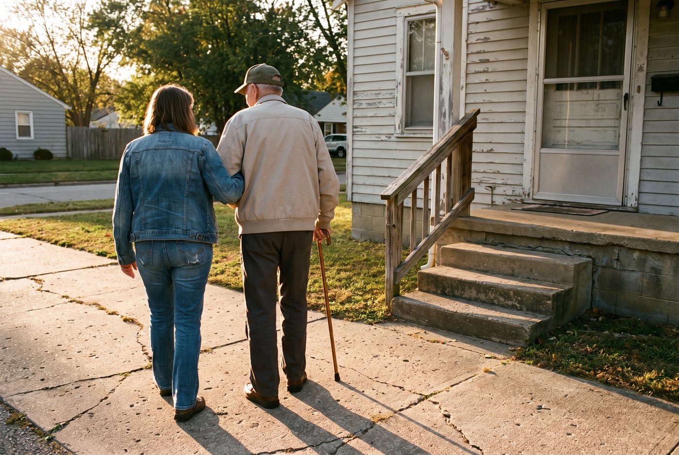 An adult daughter steadies her father's arm as they walk up a cracked front path toward three concrete porch steps with a wooden railing, late golden light on their shoulders; he wears a plain olive cap and uses a cane.